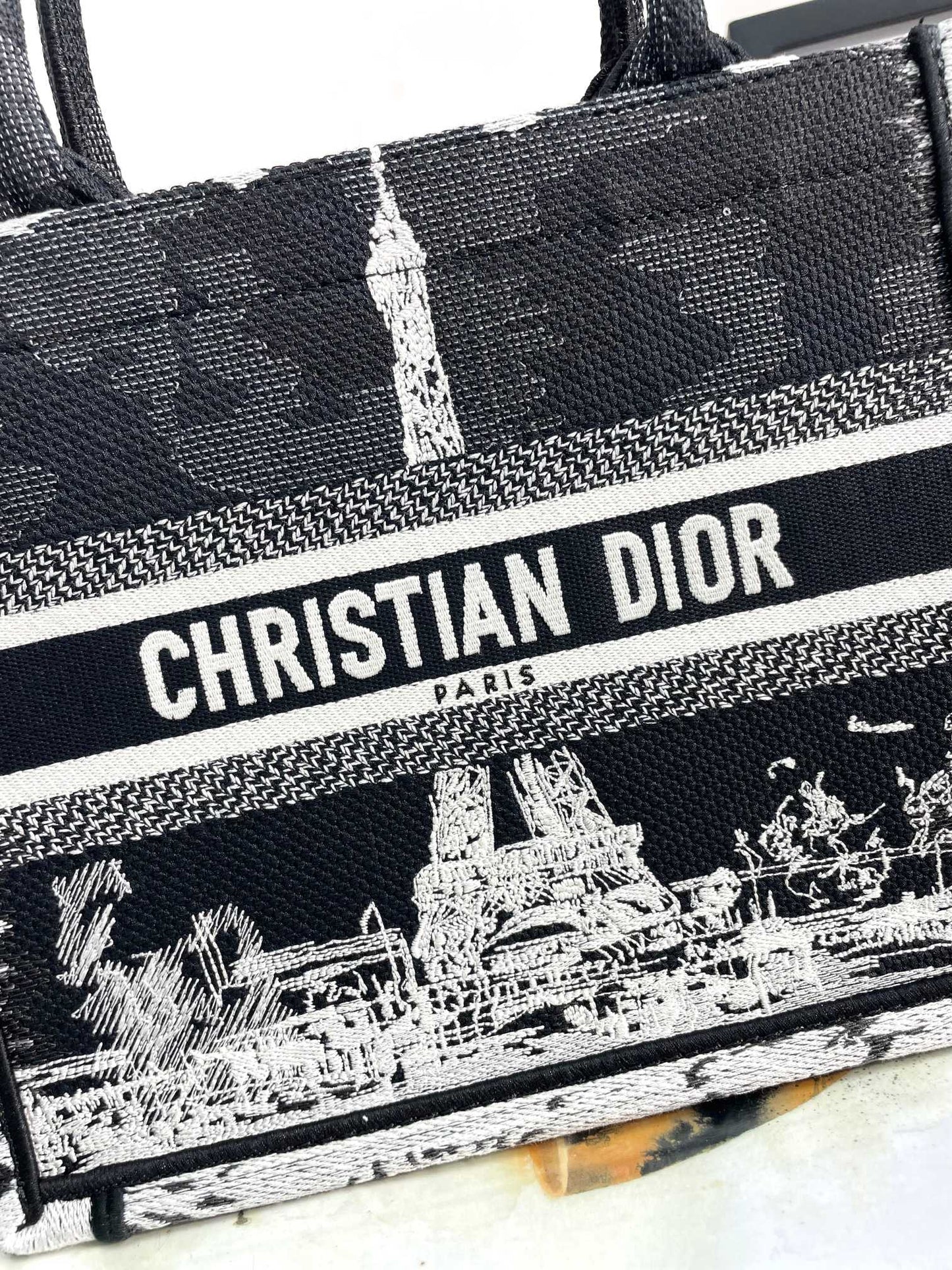 Christian Dior Book Tote Bag Black and White Paris Print Canvas
