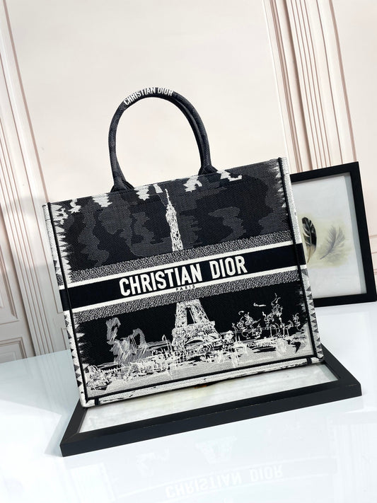 Christian Dior Book Tote Black and White Eiffel Tower Print Canvas Bag