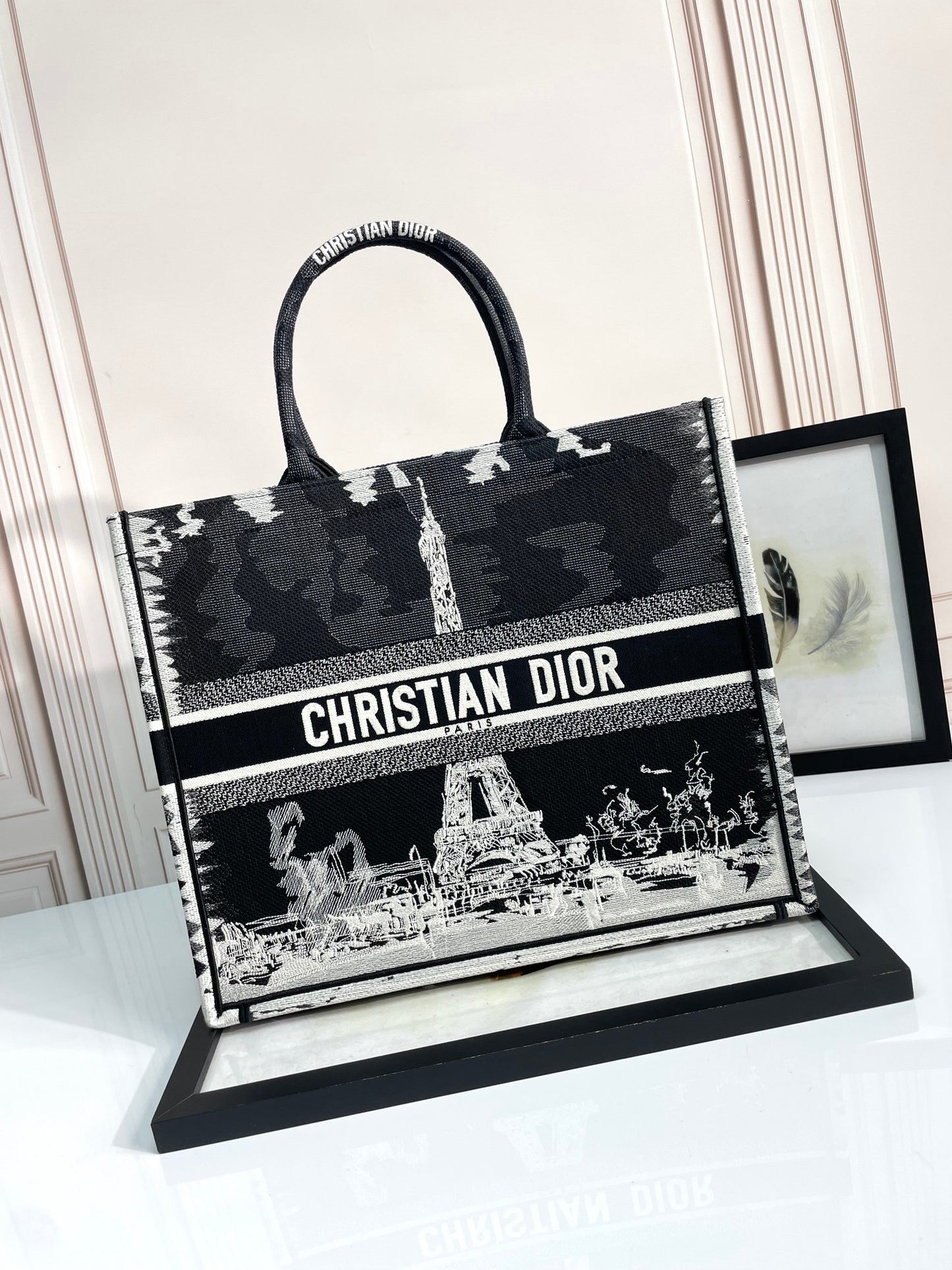 Christian Dior Large Book Tote Bag Black and White Paris Eiffel Tower Embroidery