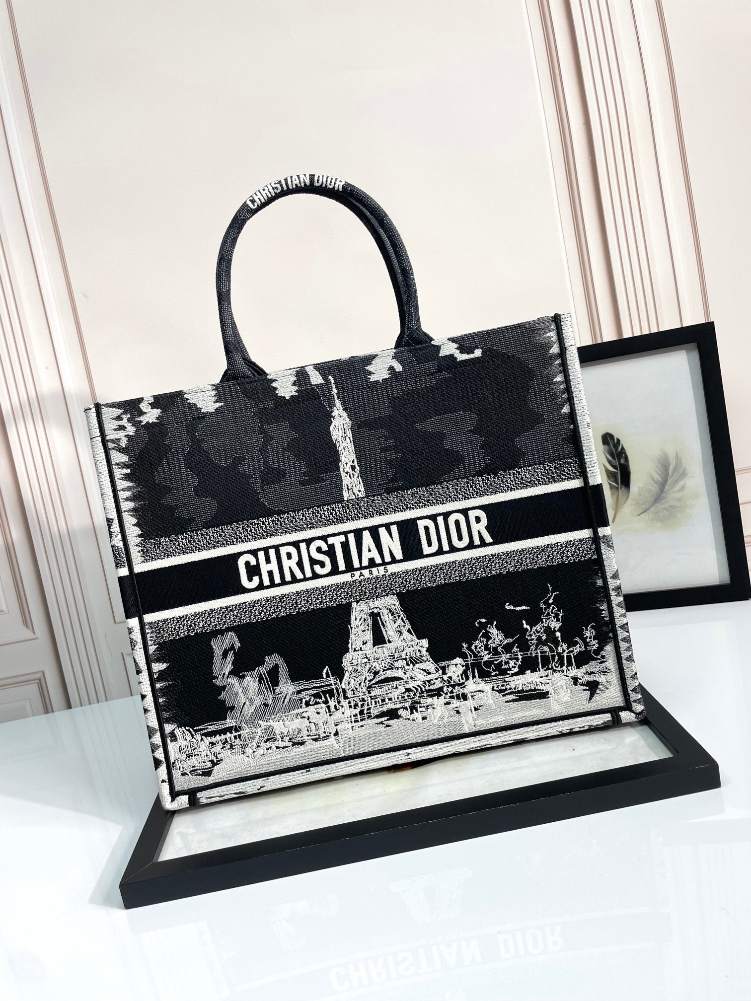 Christian Dior Large Book Tote Bag Black and White Paris Eiffel Tower Embroidery