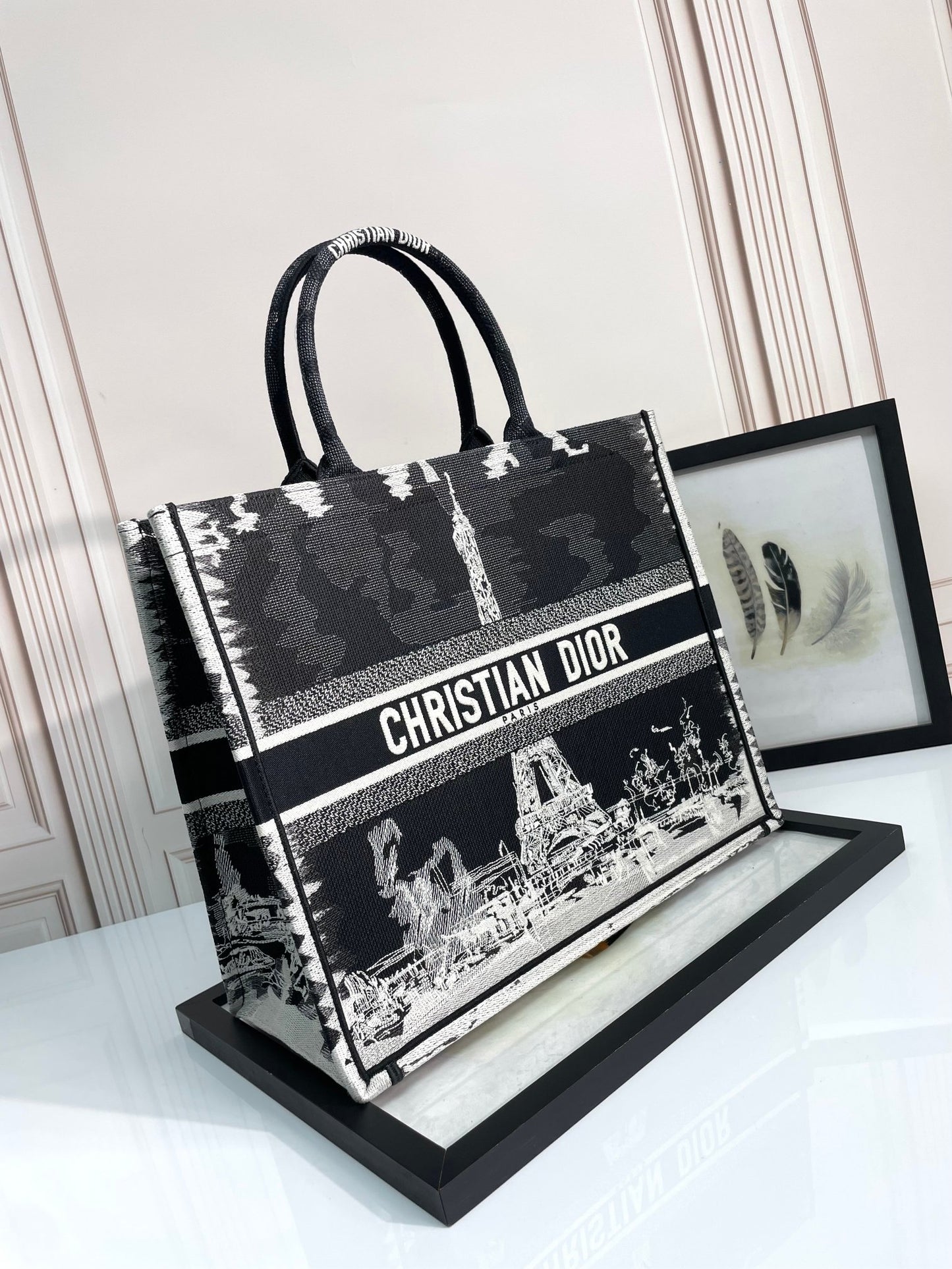 Christian Dior Book Tote Black and White Eiffel Tower Print Canvas Bag