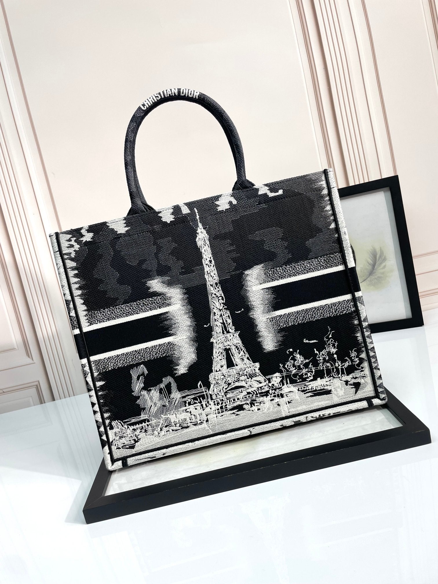 Christian Dior Large Book Tote Bag Black and White Paris Eiffel Tower Embroidery