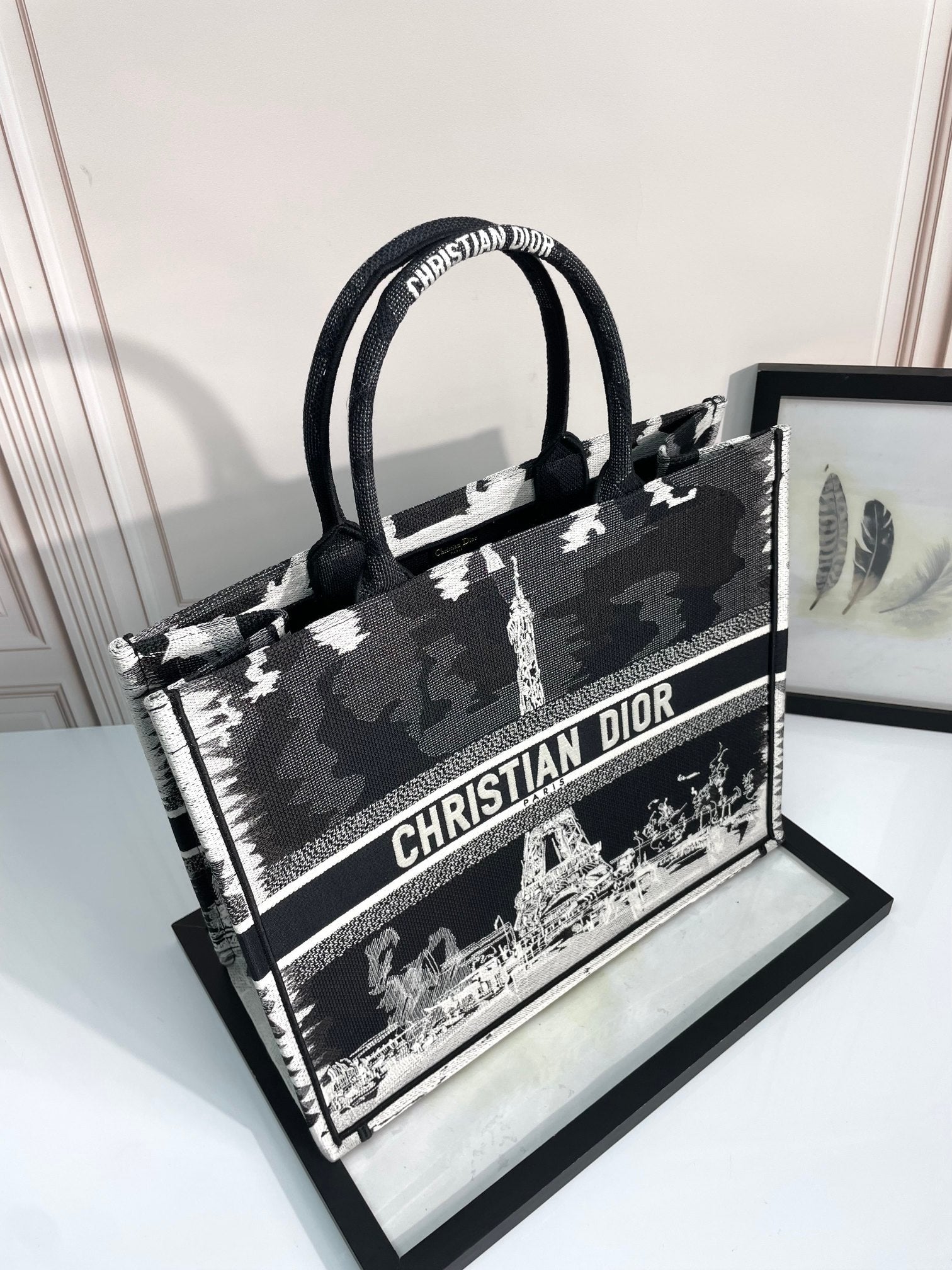 Christian Dior Large Book Tote Bag - Plan de Paris Motif - Black and White Embroidered Canvas