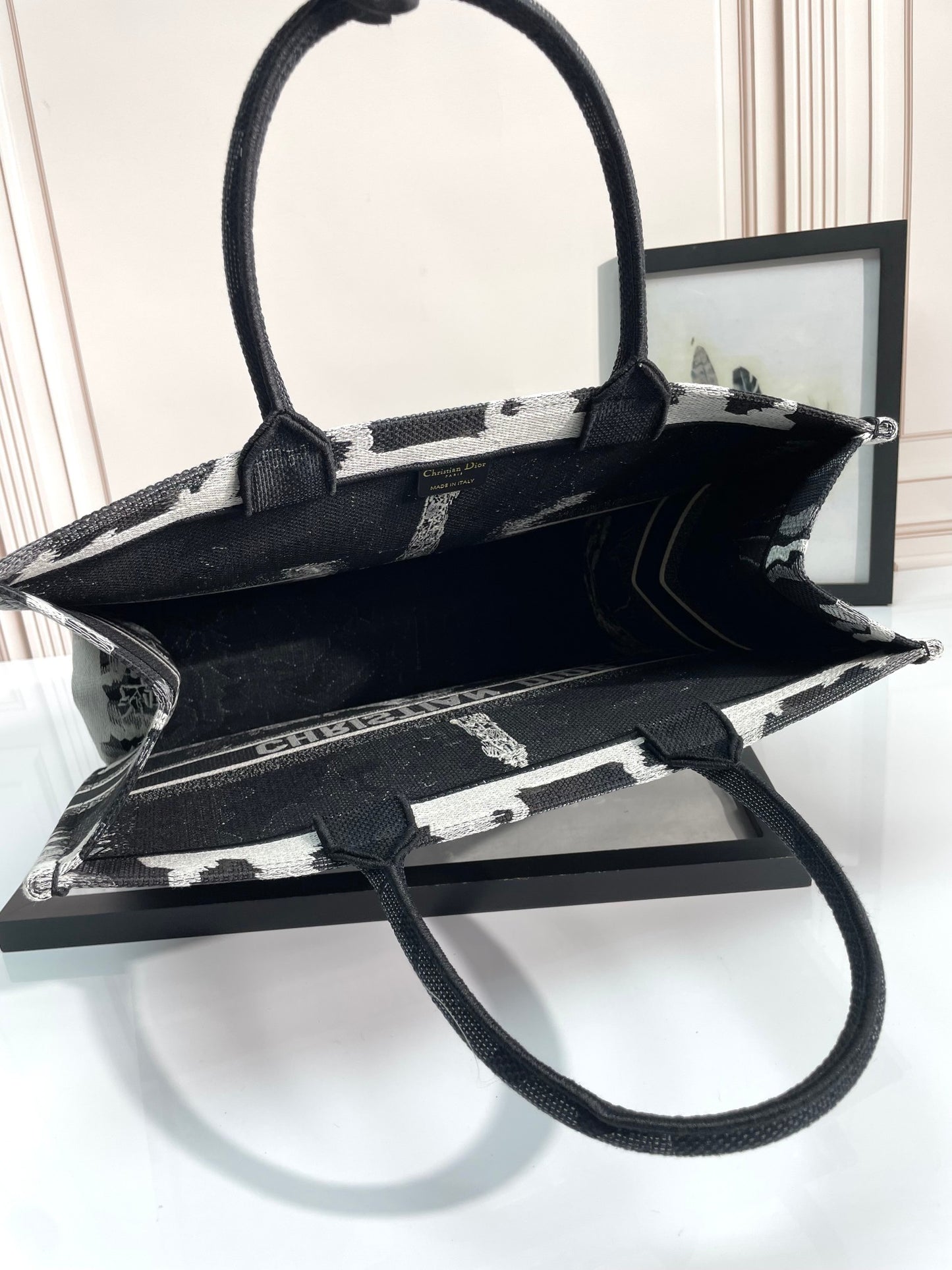 Dior Black and White Eiffel Tower Graphic Print Large Canvas Tote Bag