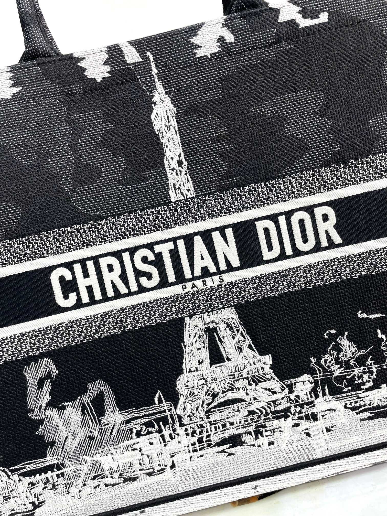 Christian Dior Large Book Tote Bag with Black and White Eiffel Tower Embroidery