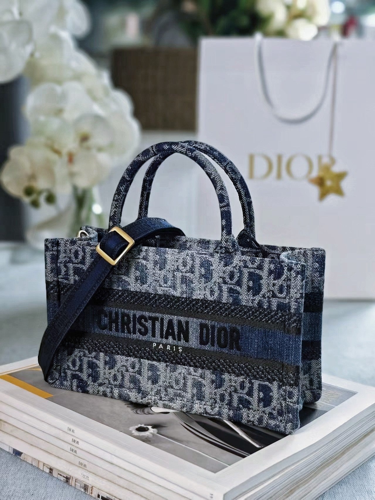 Christian Dior Small Dior Book Tote with Strap - Blue Oblique Embroidery
