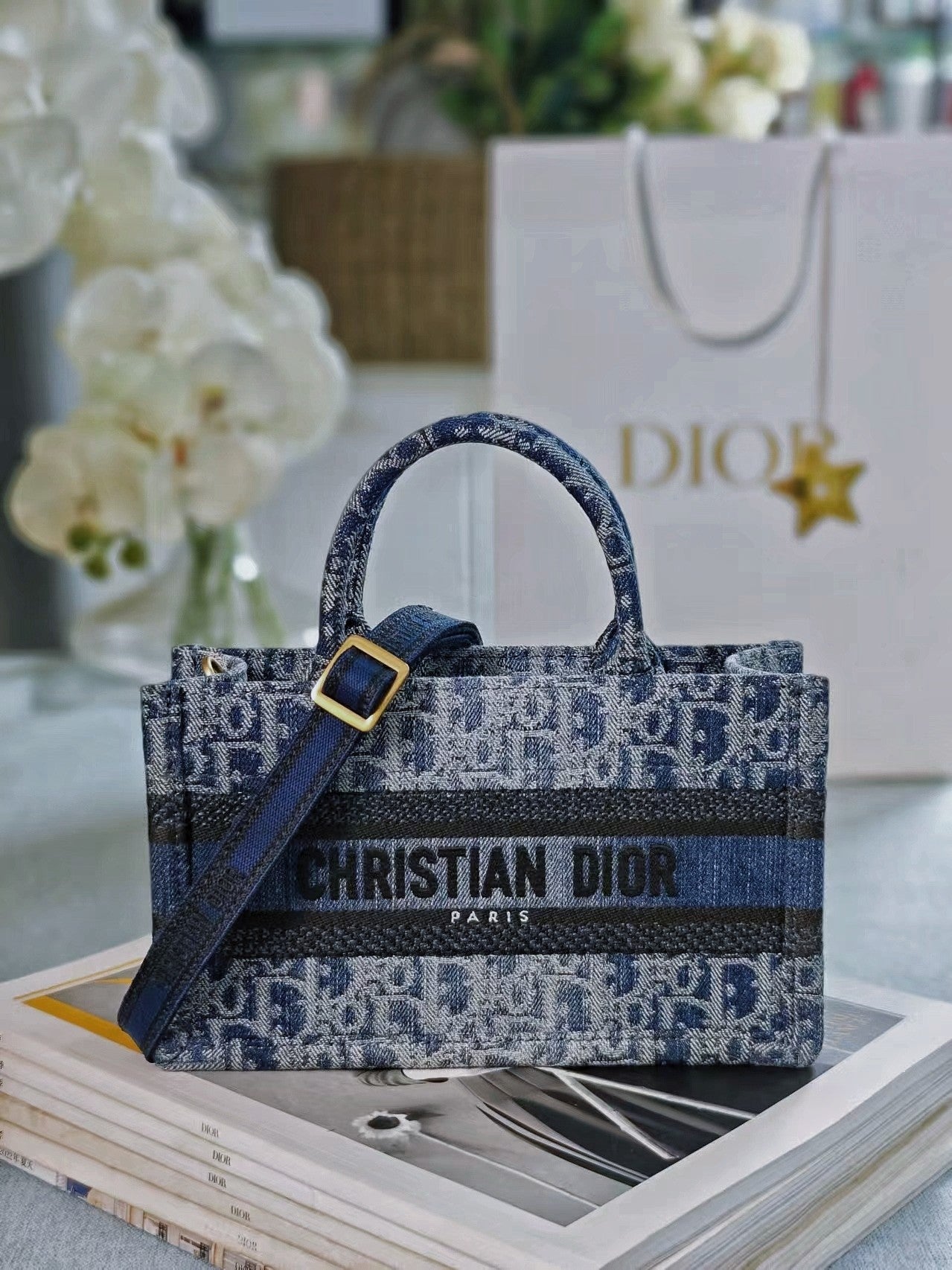 Christian Dior Small Dior Book Tote with Strap - Blue Oblique Embroidery