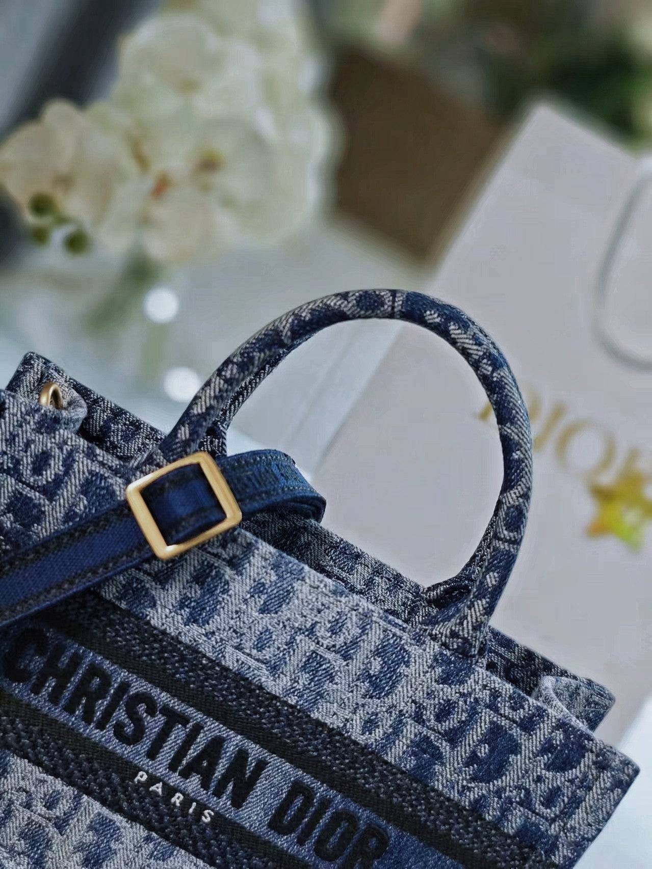 Christian Dior Small Dior Book Tote with Strap - Blue Oblique Embroidery