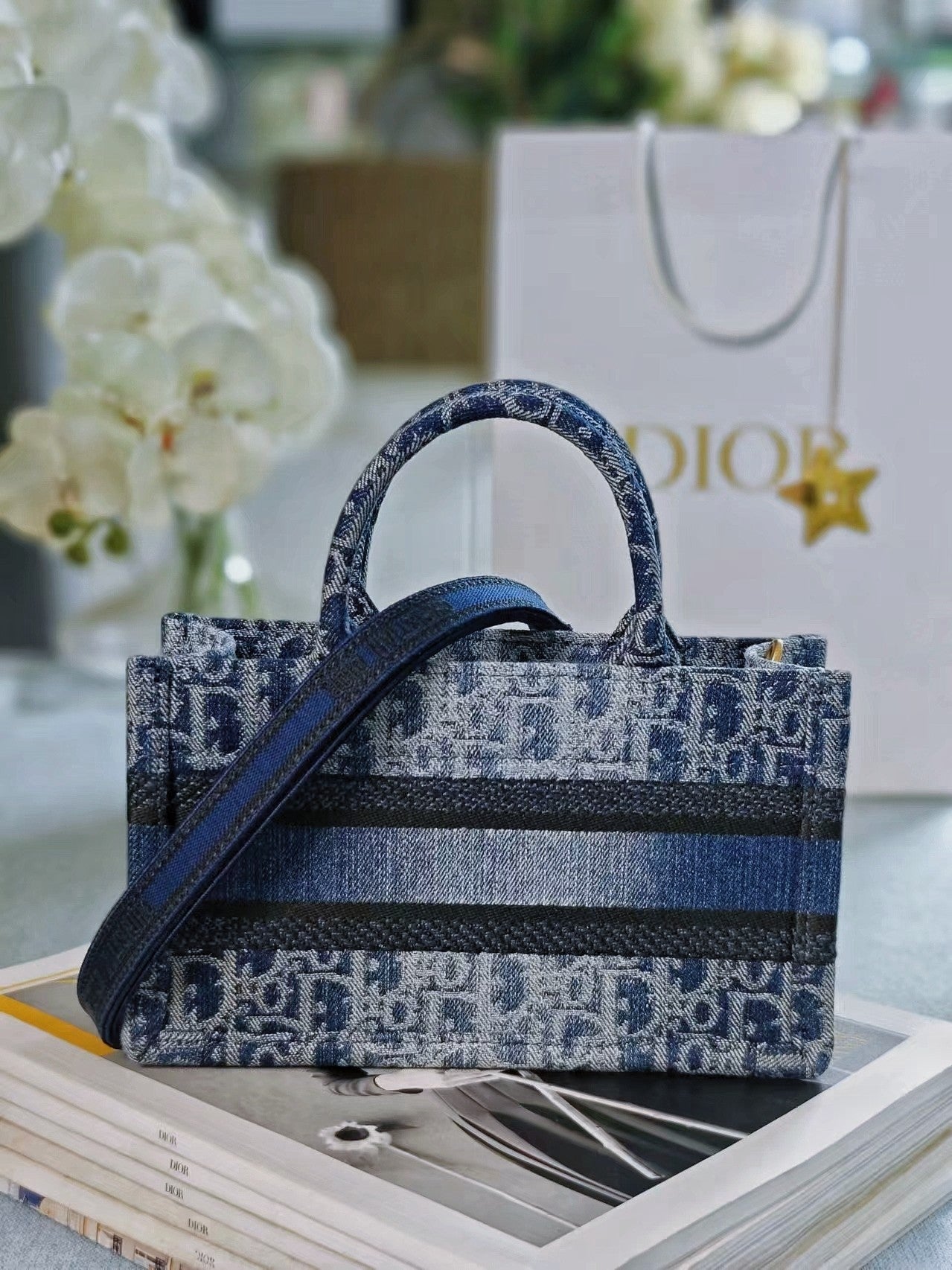 Christian Dior Small Dior Book Tote with Strap - Blue Oblique Embroidery