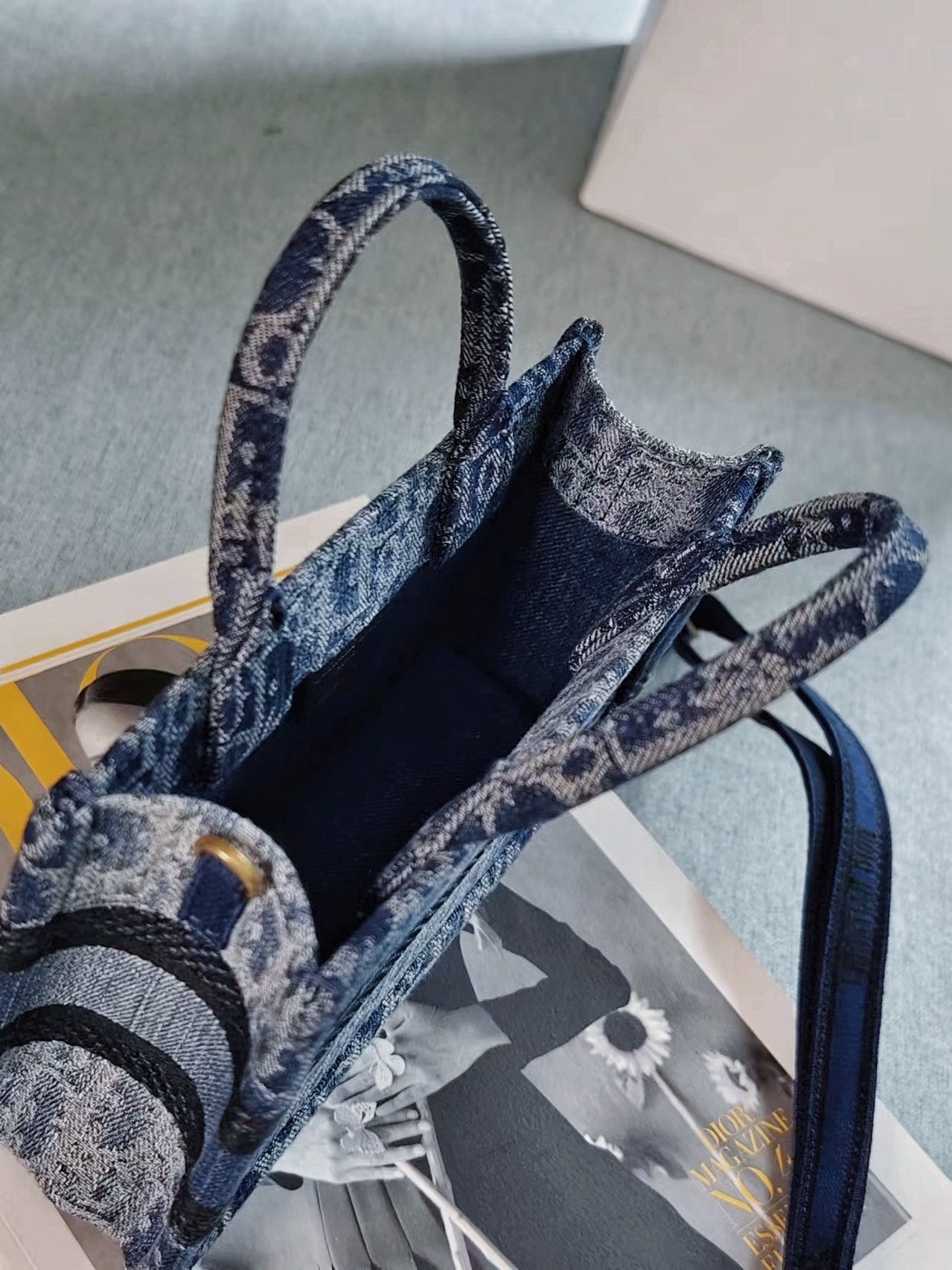 Christian Dior Small Dior Book Tote with Strap - Blue Oblique Embroidery