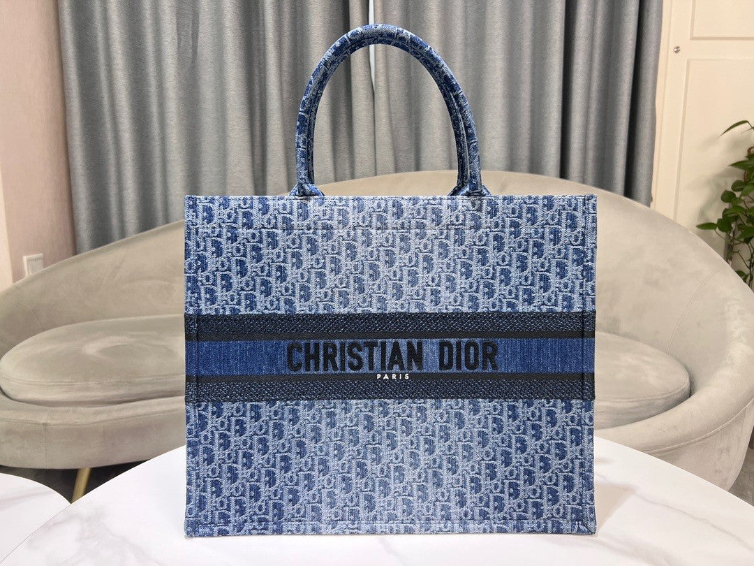 Christian Dior Large Blue Dior Oblique Embroidery Book Tote Bag