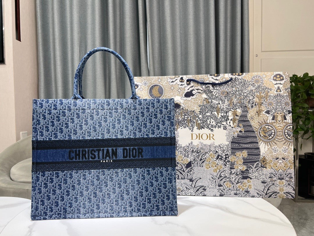 Dior Vintage Blue Monogram Jacquard Tote Bag Large Travel Handbag