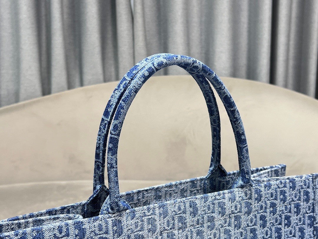 Christian Dior Large Blue Dior Oblique Embroidery Book Tote Bag