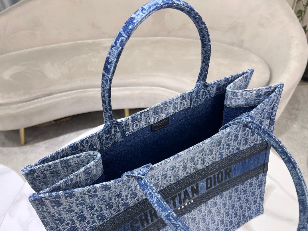 Christian Dior Large Blue Dior Oblique Embroidery Book Tote Bag