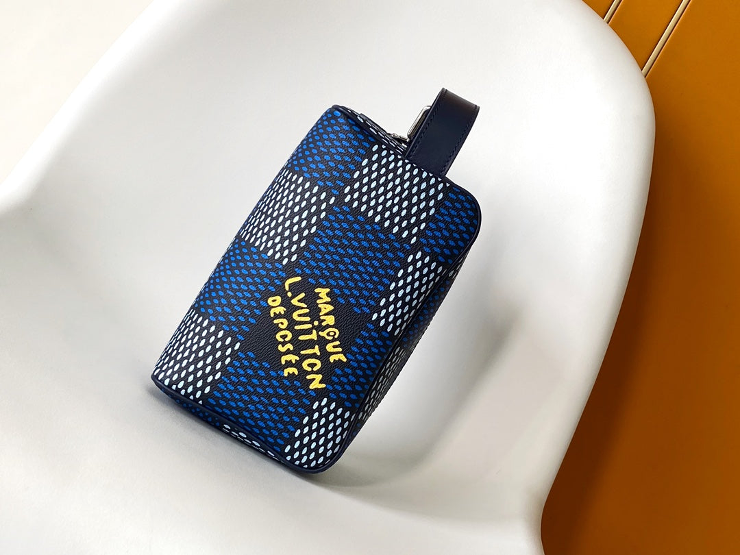 Louis Vuitton Blue Checkered Travel Toiletry Bag Dopp Kit with Handle