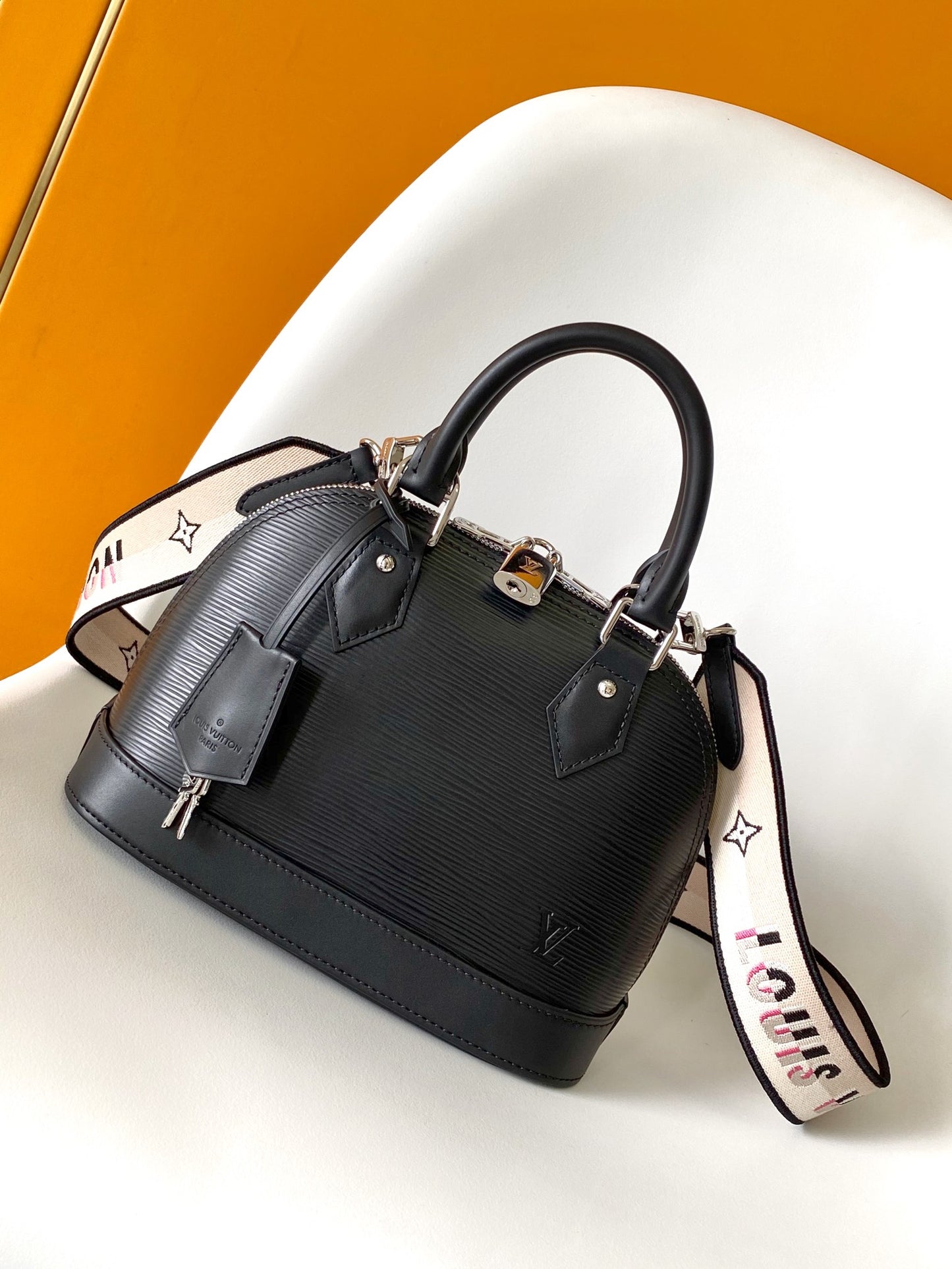 Louis Vuitton Alma BB Bag Epi Leather Noir Black with Jacquard Strap
