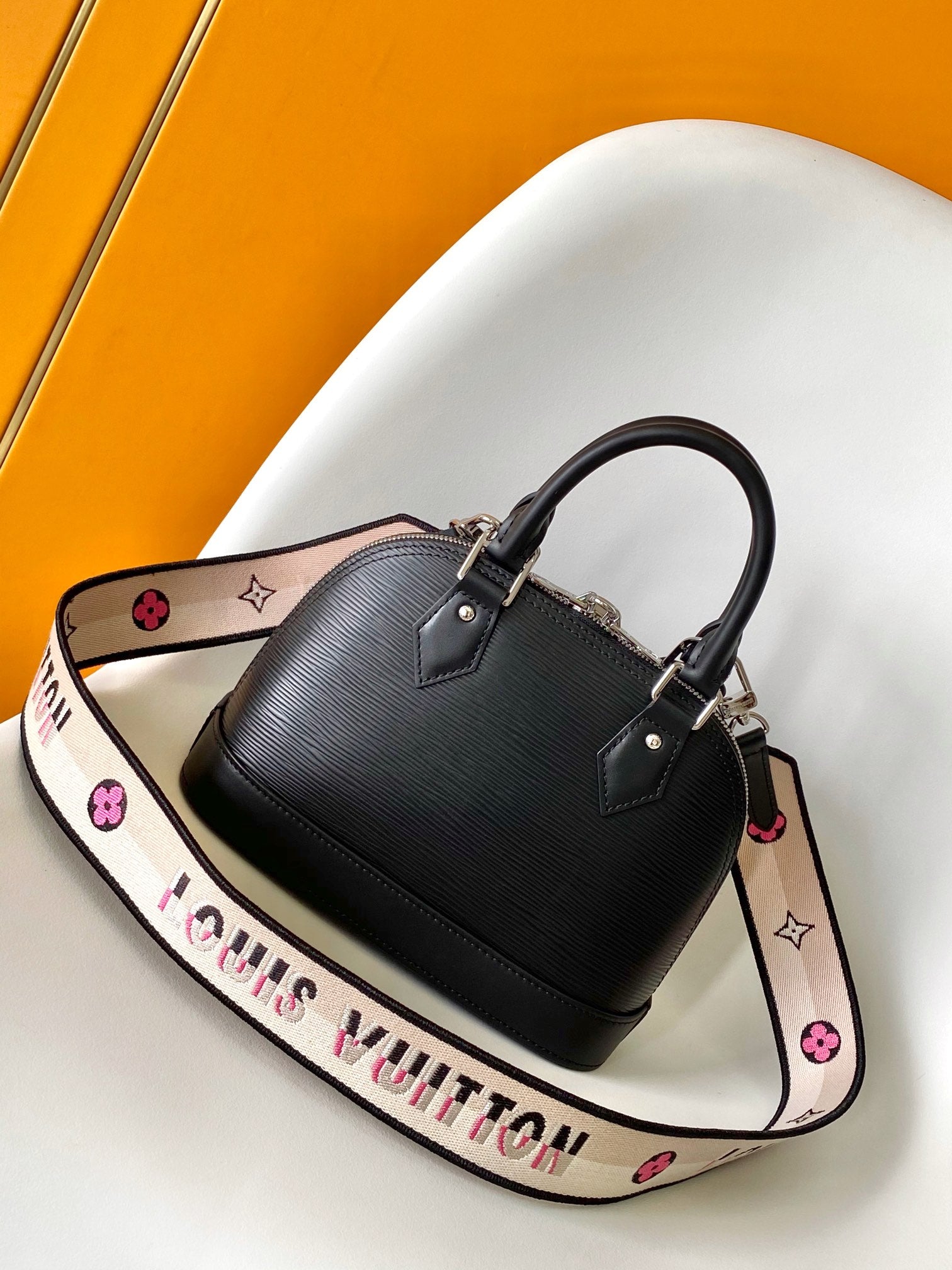 Louis Vuitton Alma BB Bag Epi Leather Noir Black with Jacquard Strap