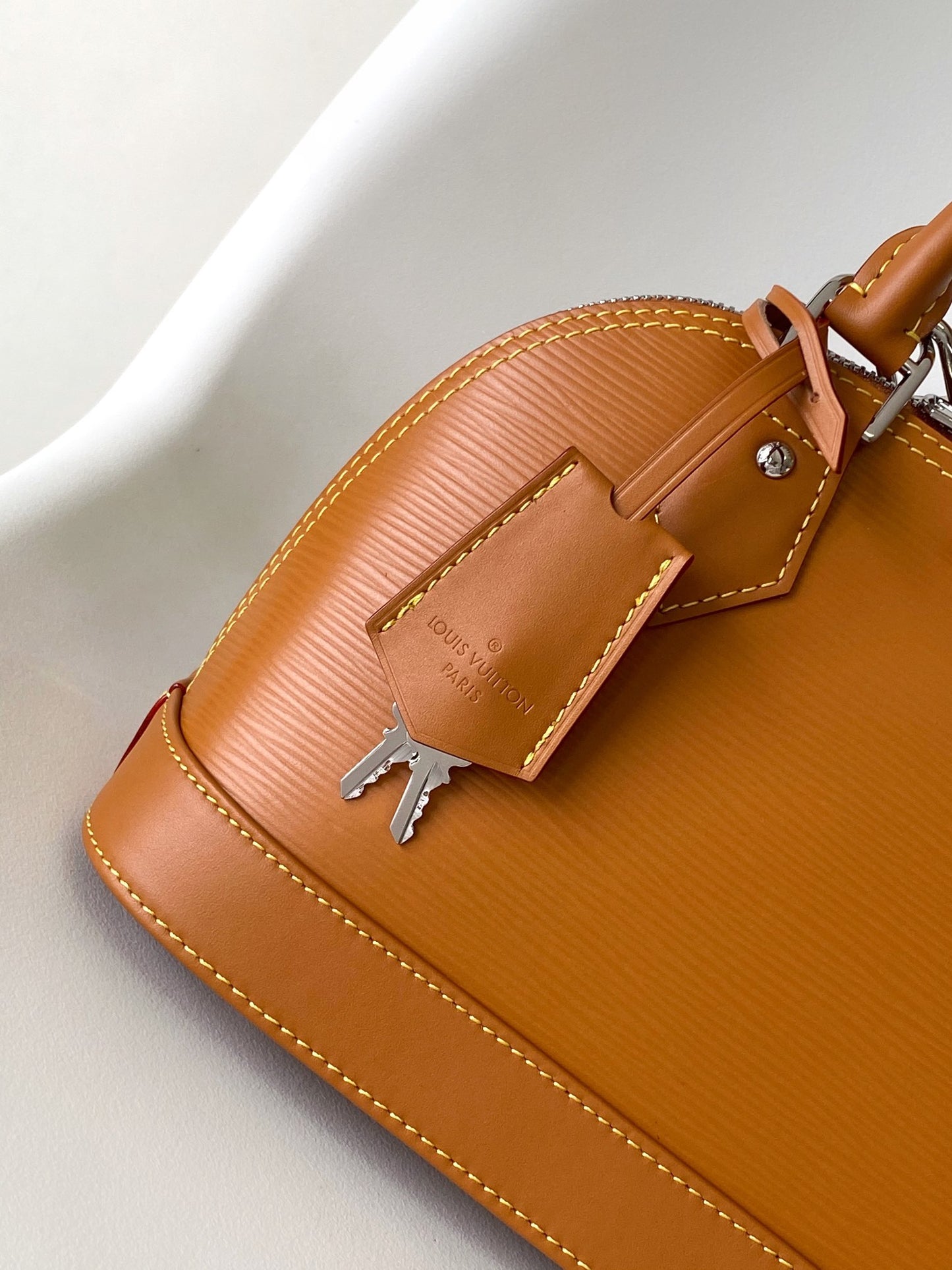 Louis Vuitton Textured Tan Leather Dome Handbag with Wide Crossbody Strap