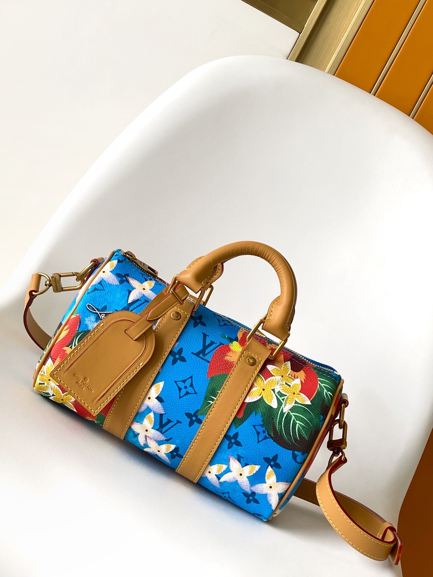 Louis Vuitton Blue Tropical Floral Mini Duffle Bag with Tan Leather Trim