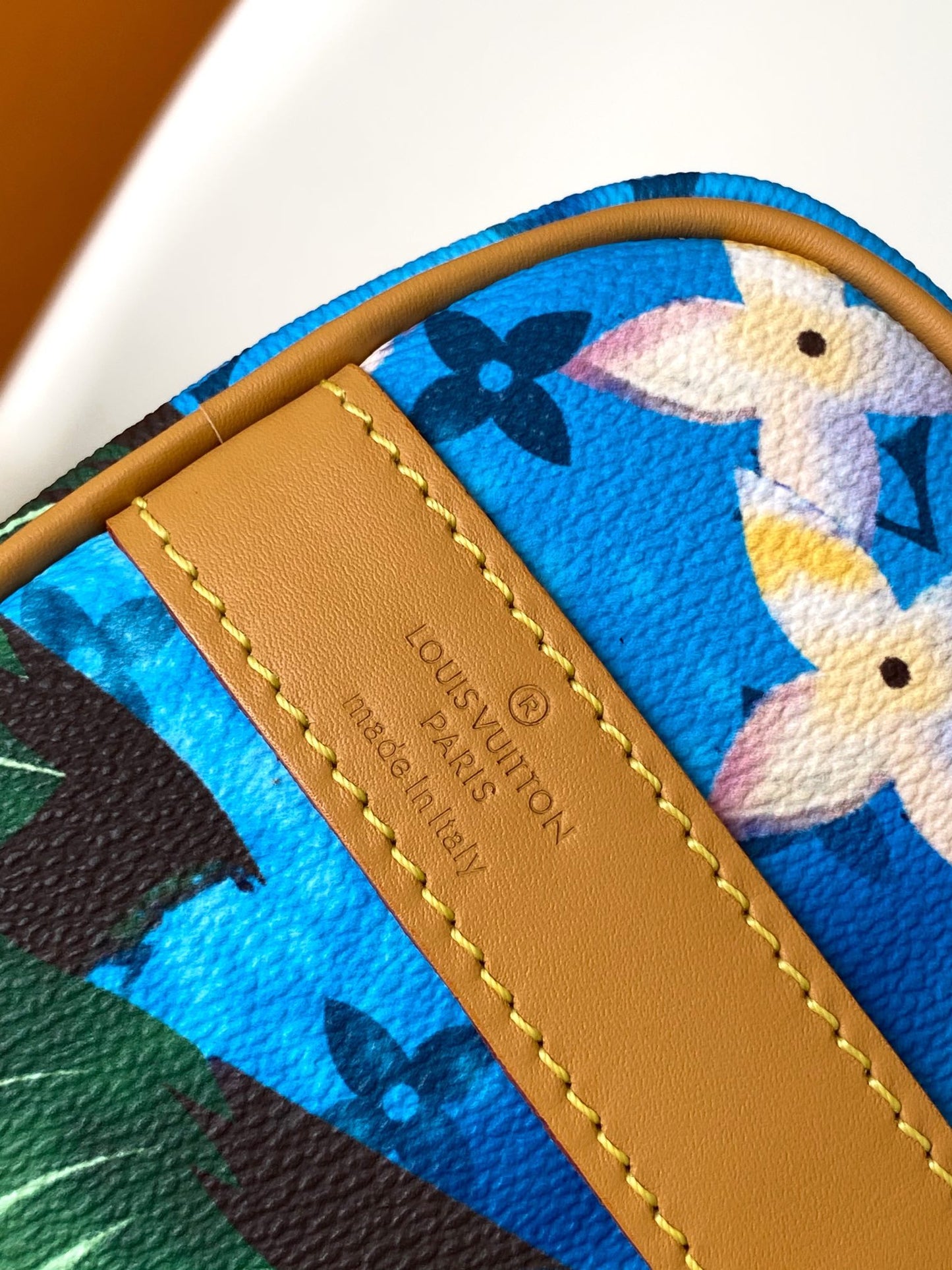 Louis Vuitton Blue Tropical Floral Mini Duffle Bag with Tan Leather Trim