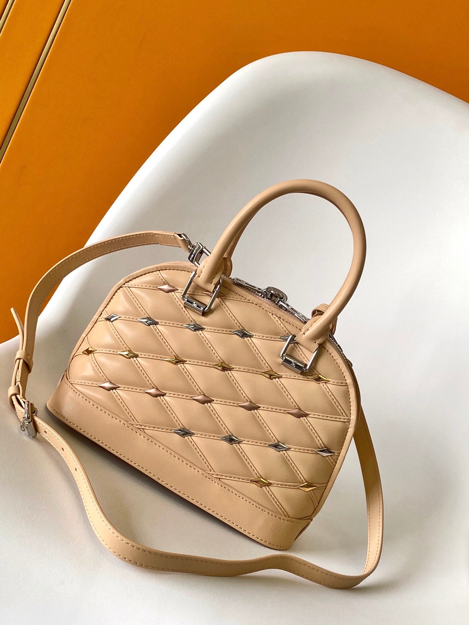 Quilted Leather Dome Top Handle Bag with Studs - Beige