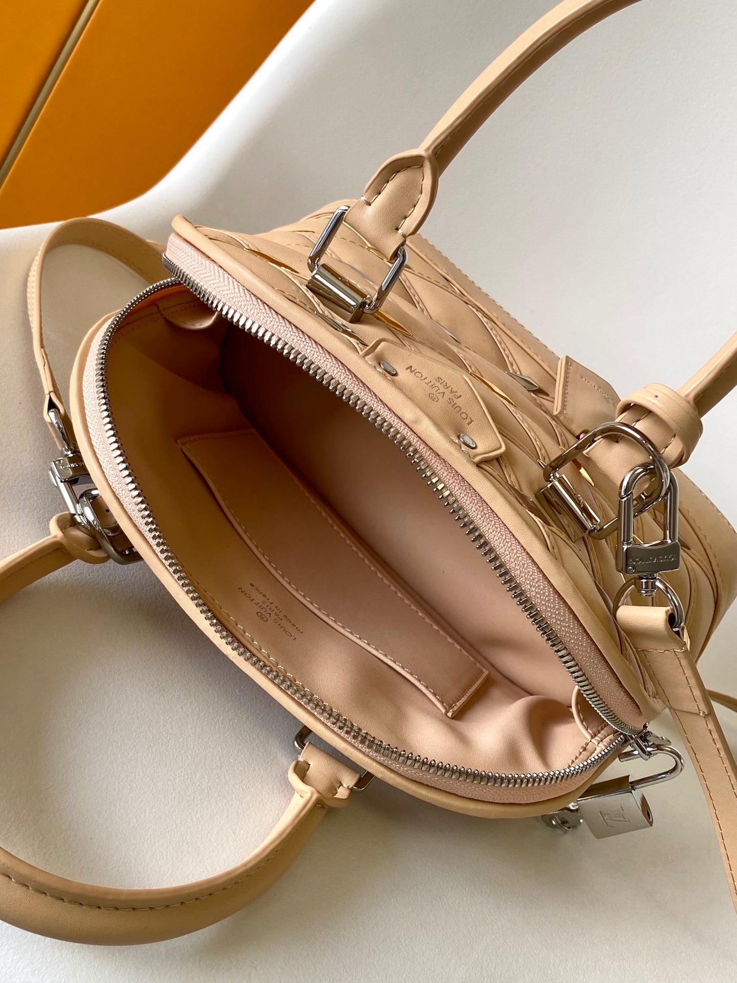 Quilted Leather Dome Top Handle Bag with Studs - Beige