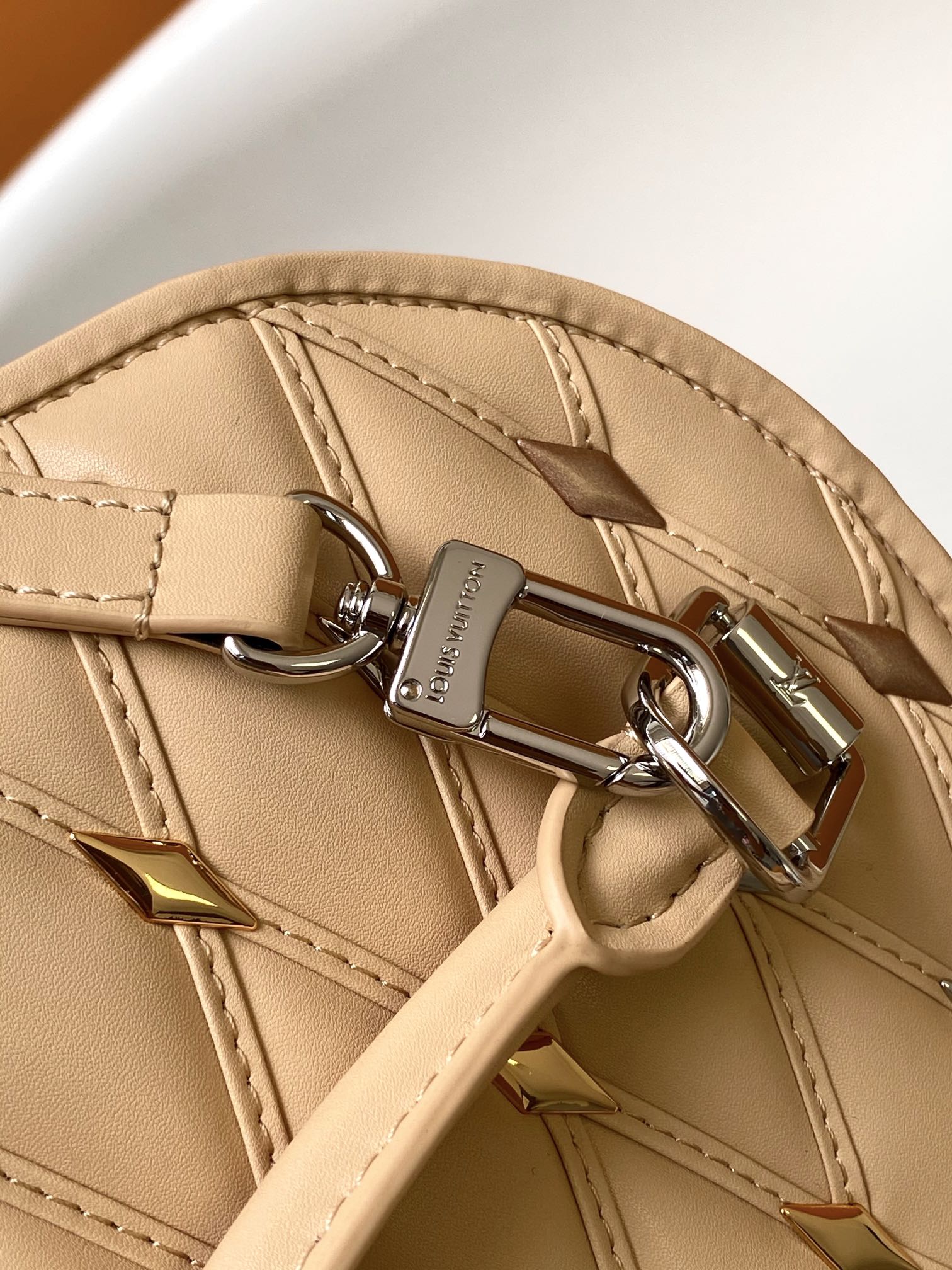 Quilted Leather Dome Top Handle Bag with Studs - Beige