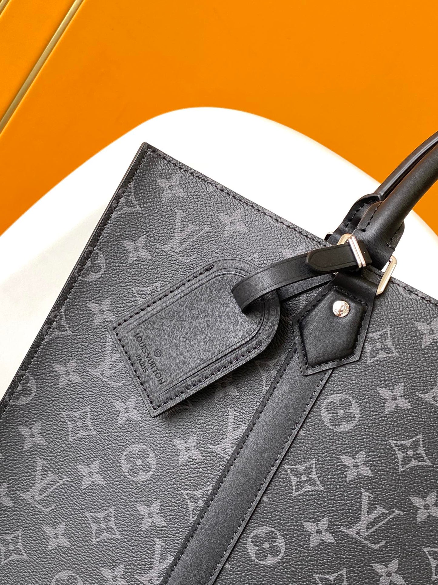 Louis Vuitton Black Monogram Print Large Tote Bag with Top Handles and Luggage Tag