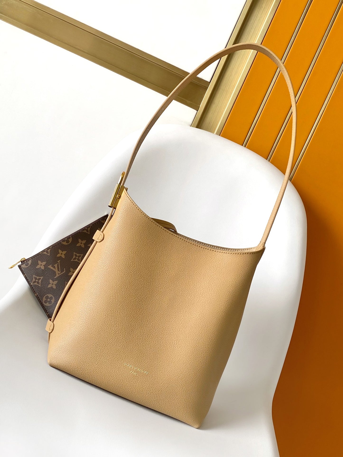 Women's Elegant Beige Leather Hobo Shoulder Bag with Gold Buckle Detail