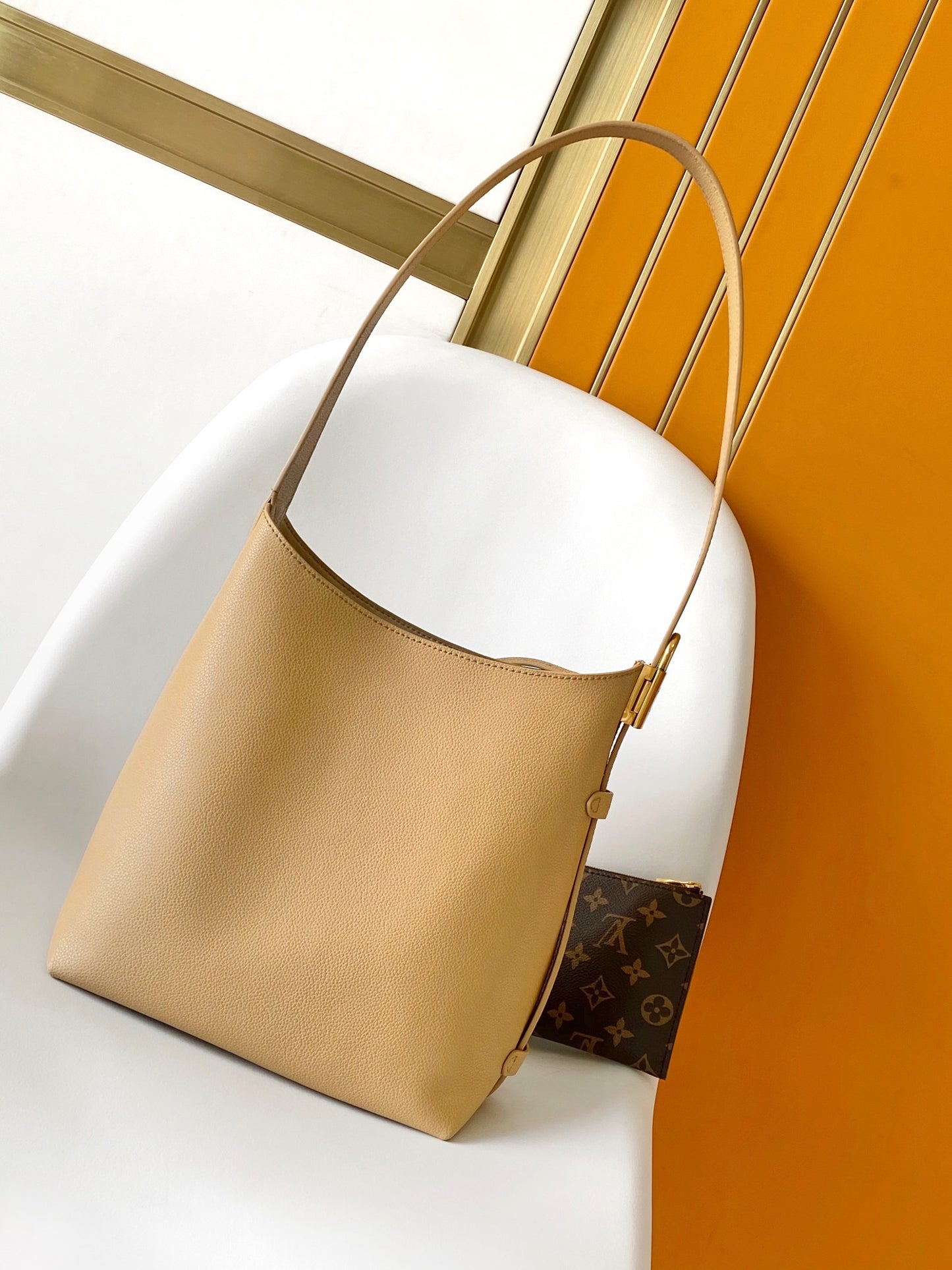 Women's Elegant Beige Leather Hobo Shoulder Bag with Gold Buckle Detail
