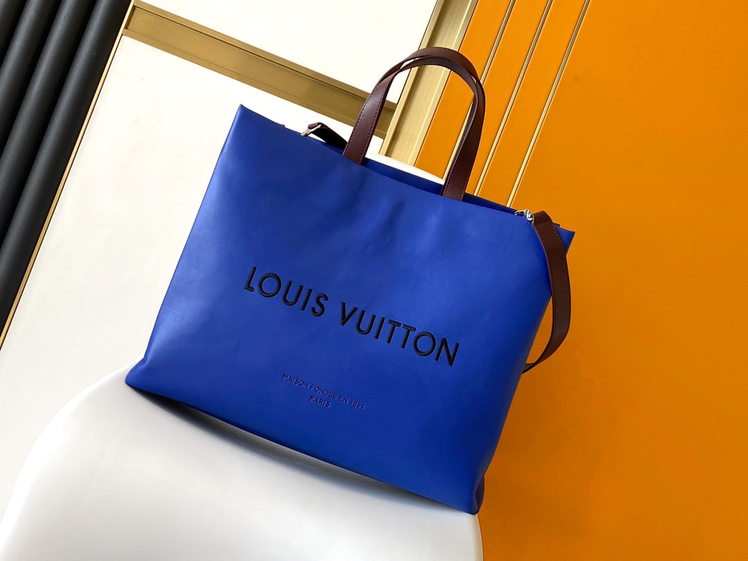Louis Vuitton Cobalt Blue Leather Tote Bag with Burgundy Accents