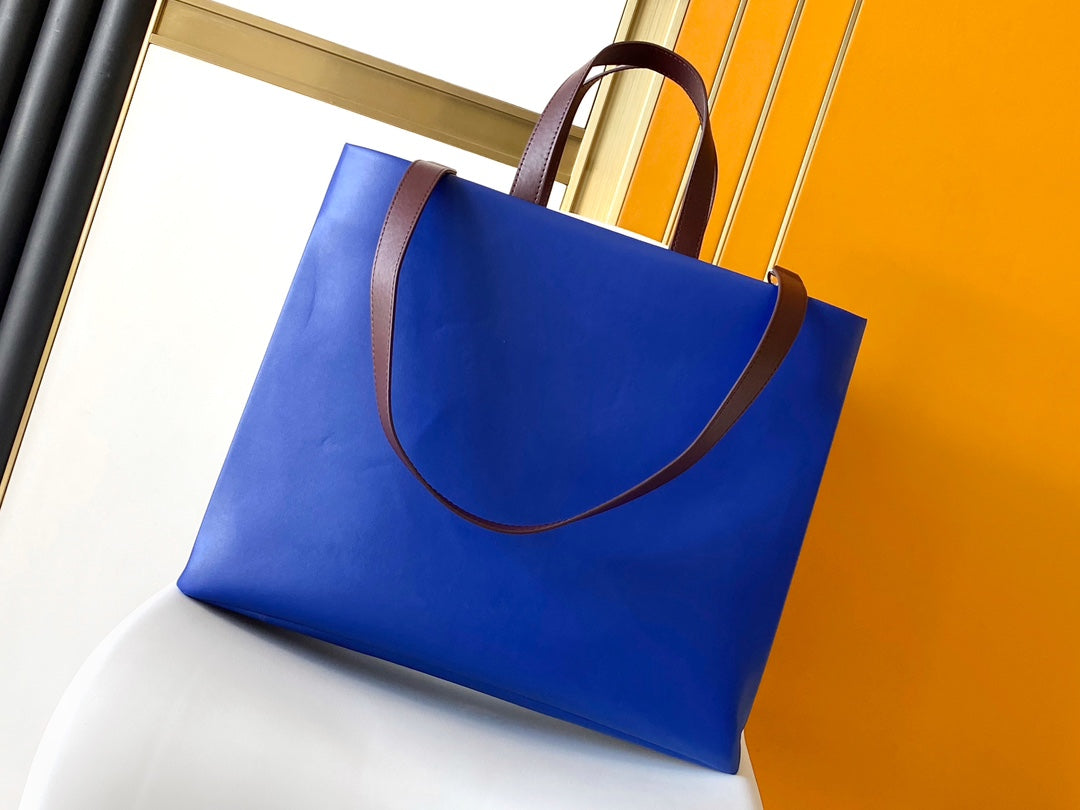 Louis Vuitton Cobalt Blue Leather Tote Bag with Burgundy Accents