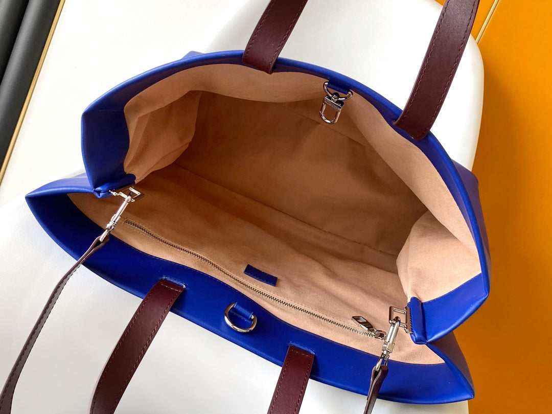 Louis Vuitton Cobalt Blue Leather Tote Bag with Burgundy Accents