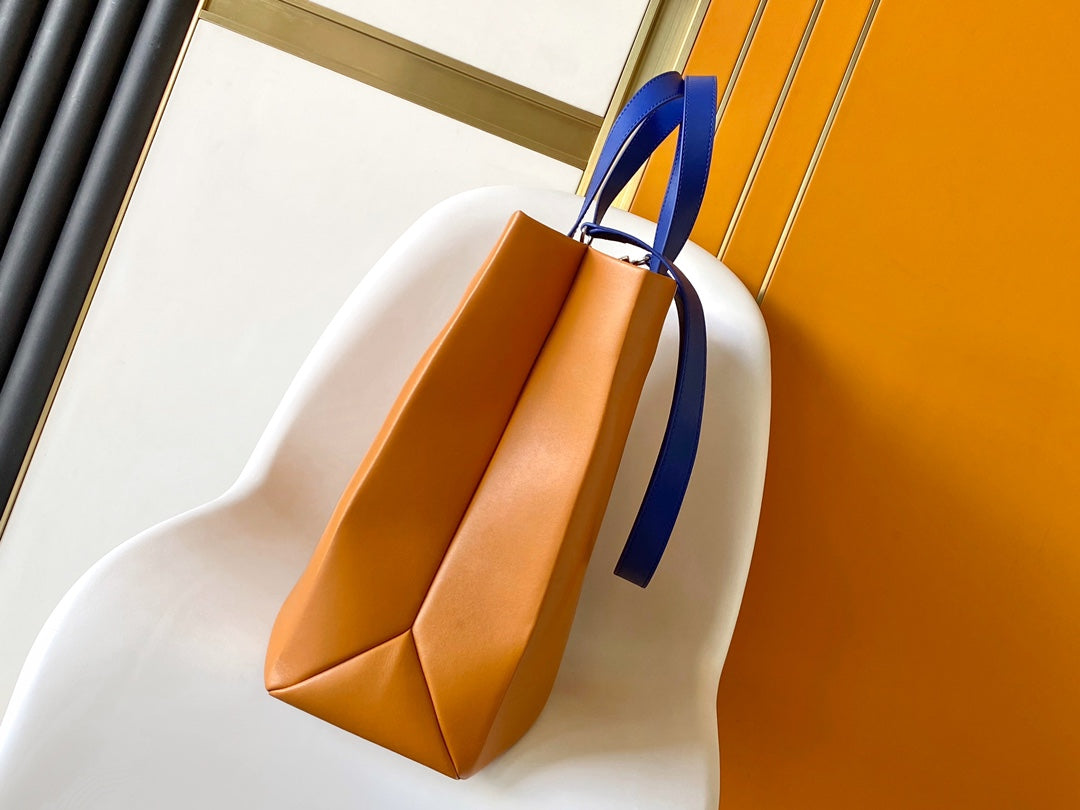 Authentic Louis Vuitton Orange Paper Shopping Bag with Blue Handles