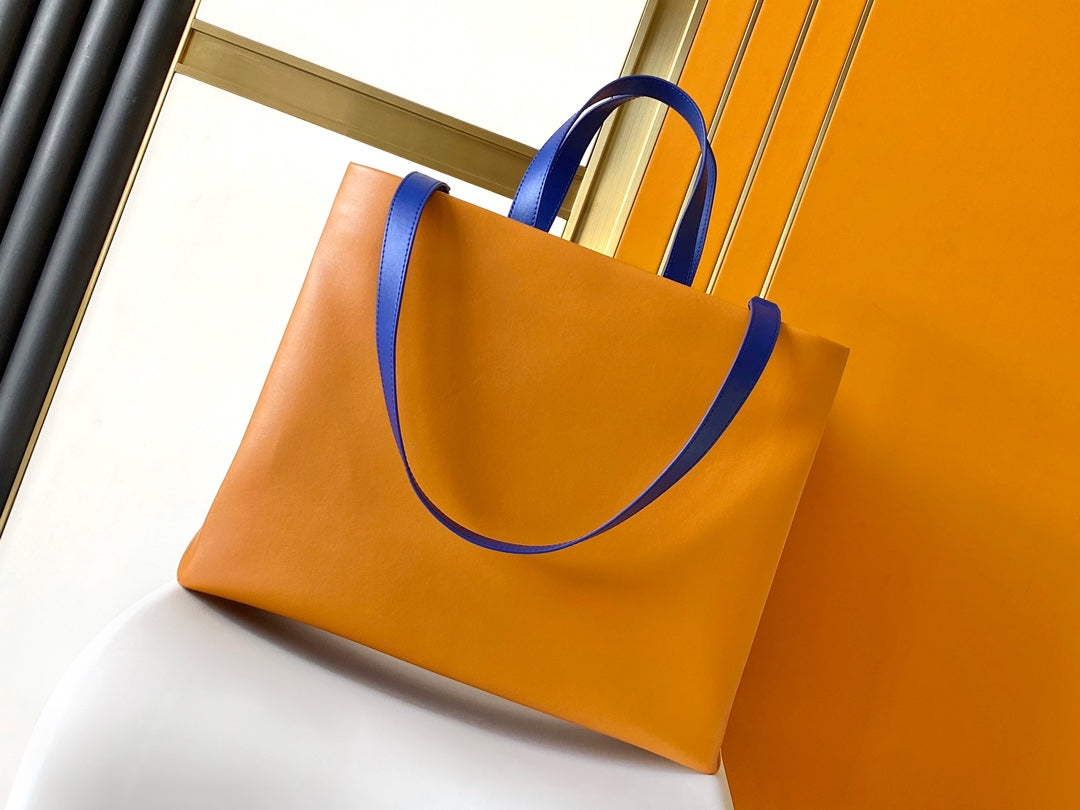 Authentic Louis Vuitton Orange Paper Shopping Bag with Blue Handles