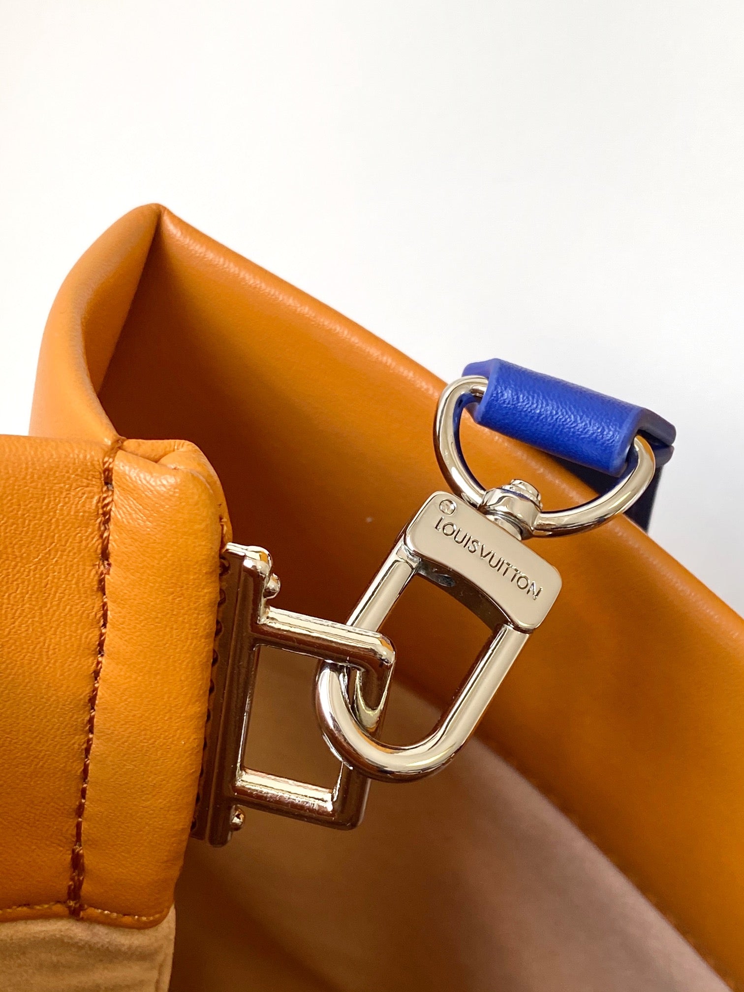 Authentic Louis Vuitton Orange Paper Shopping Bag with Blue Handles