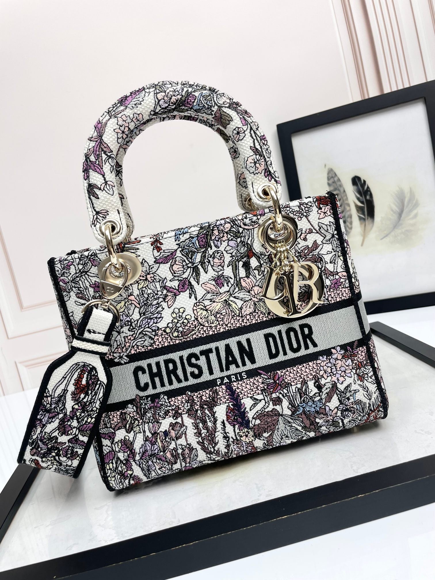 Dior Luxury Embroidered Floral Tapestry Handbag with Top Handle