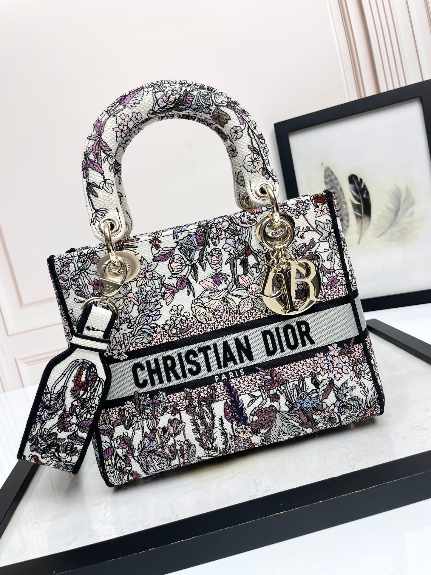 Dior Elegant Floral Embroidered Top Handle Bag with Shoulder Strap