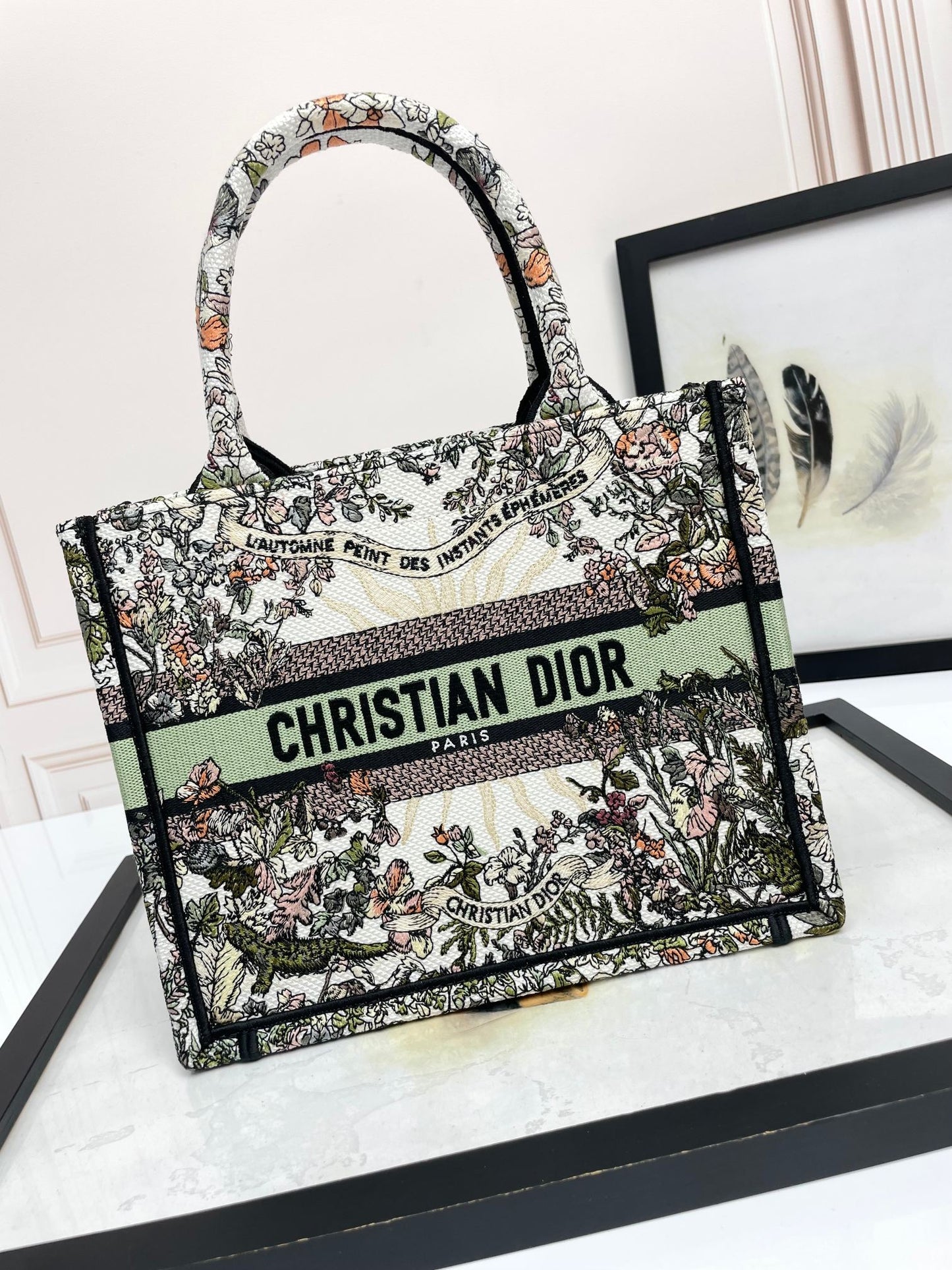 Dior Floral Embroidered Canvas Tote Bag Vintage Style Top Handle Purse