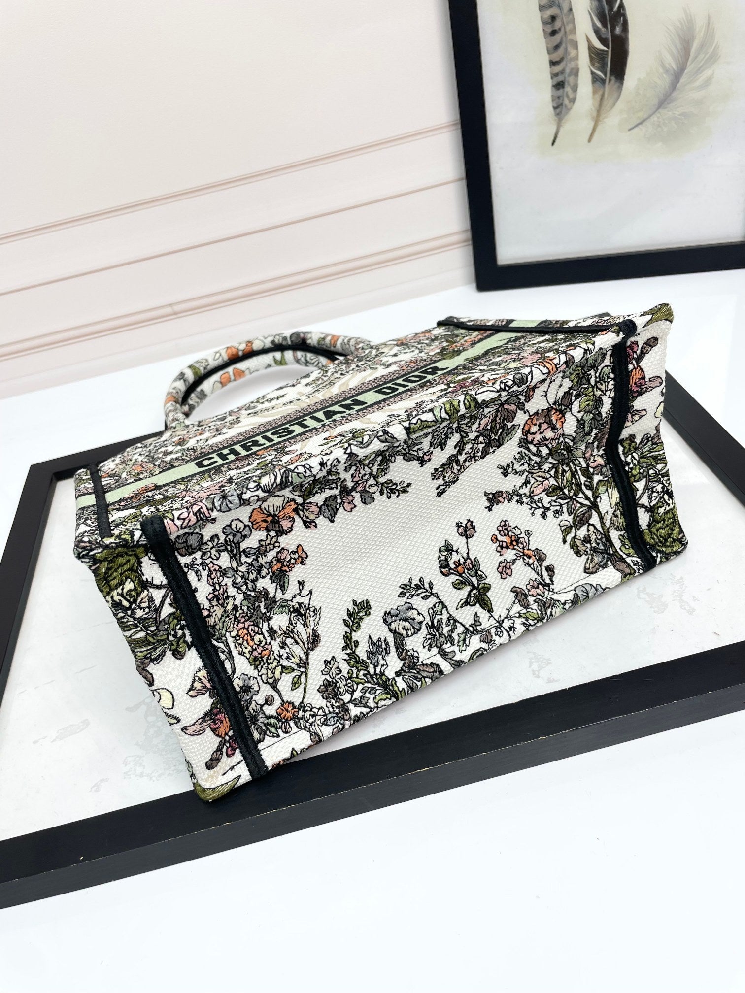 Dior Floral Embroidered Canvas Tote Bag Vintage Style Top Handle Purse