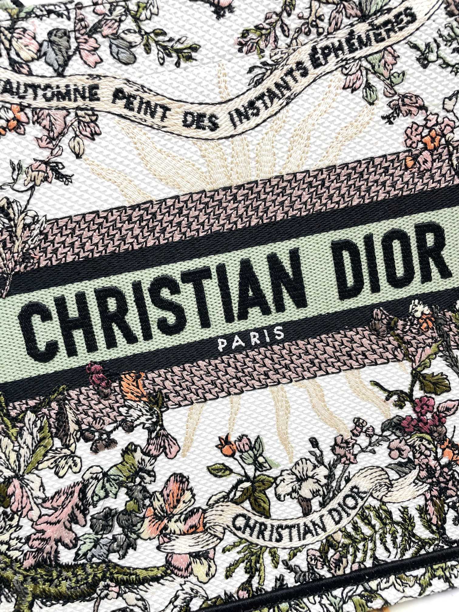 Christian Dior Large Book Tote Bag Floral Embroidery Green & Multicolor