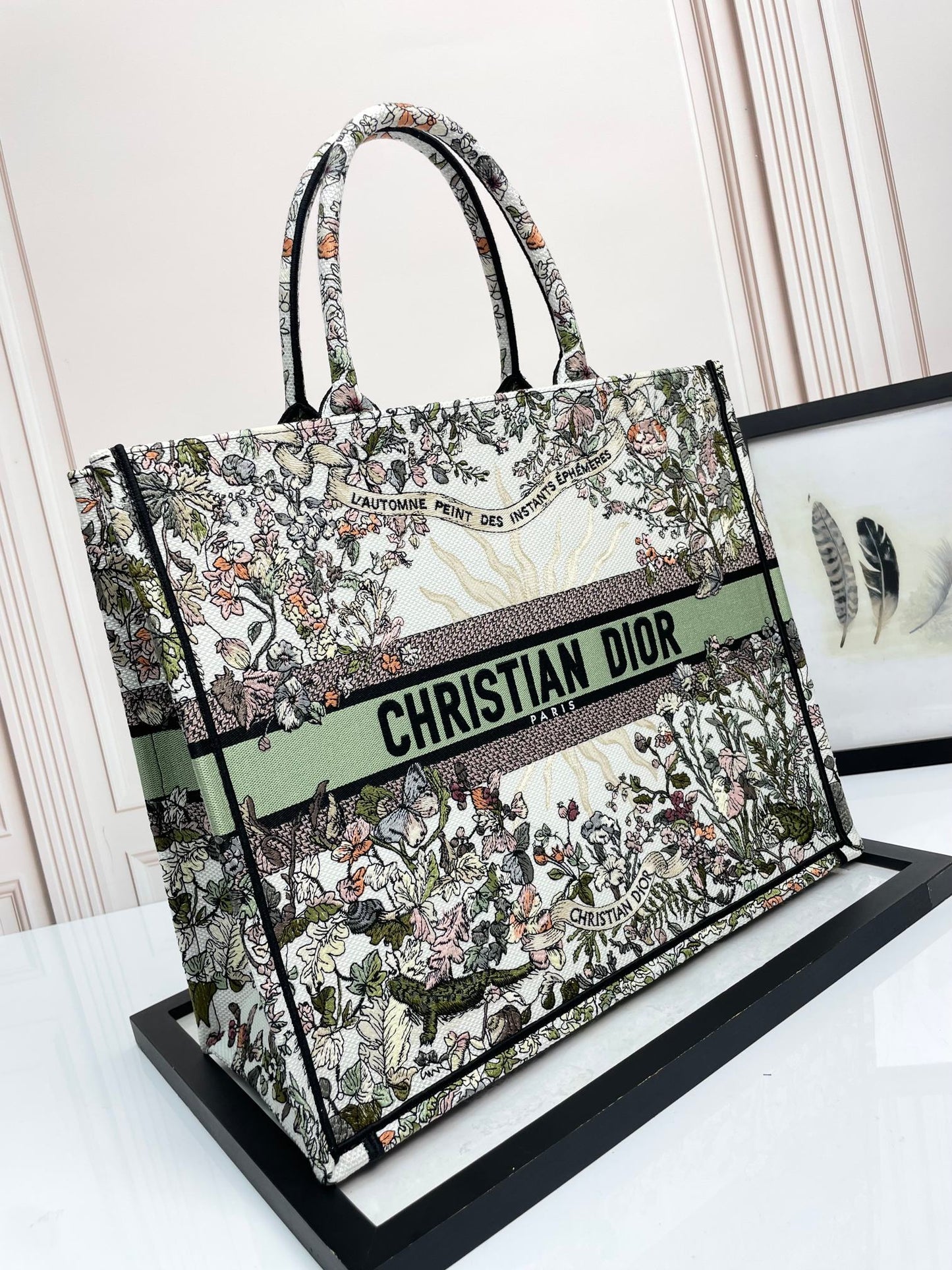 Christian Dior Large Book Tote Bag in Embroidered Floral Canvas - Multicolor/Sage Green