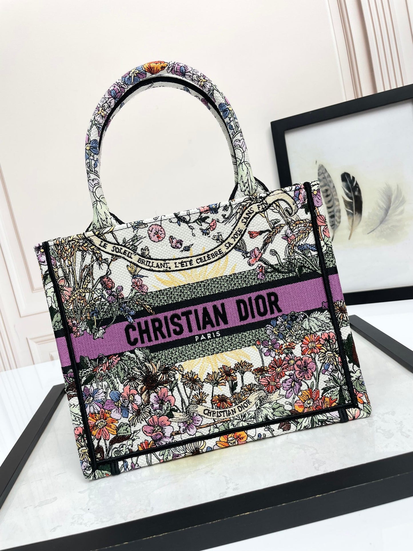 Christian Dior Embroidered Book Tote Bag - Floral Pattern with Purple Accents