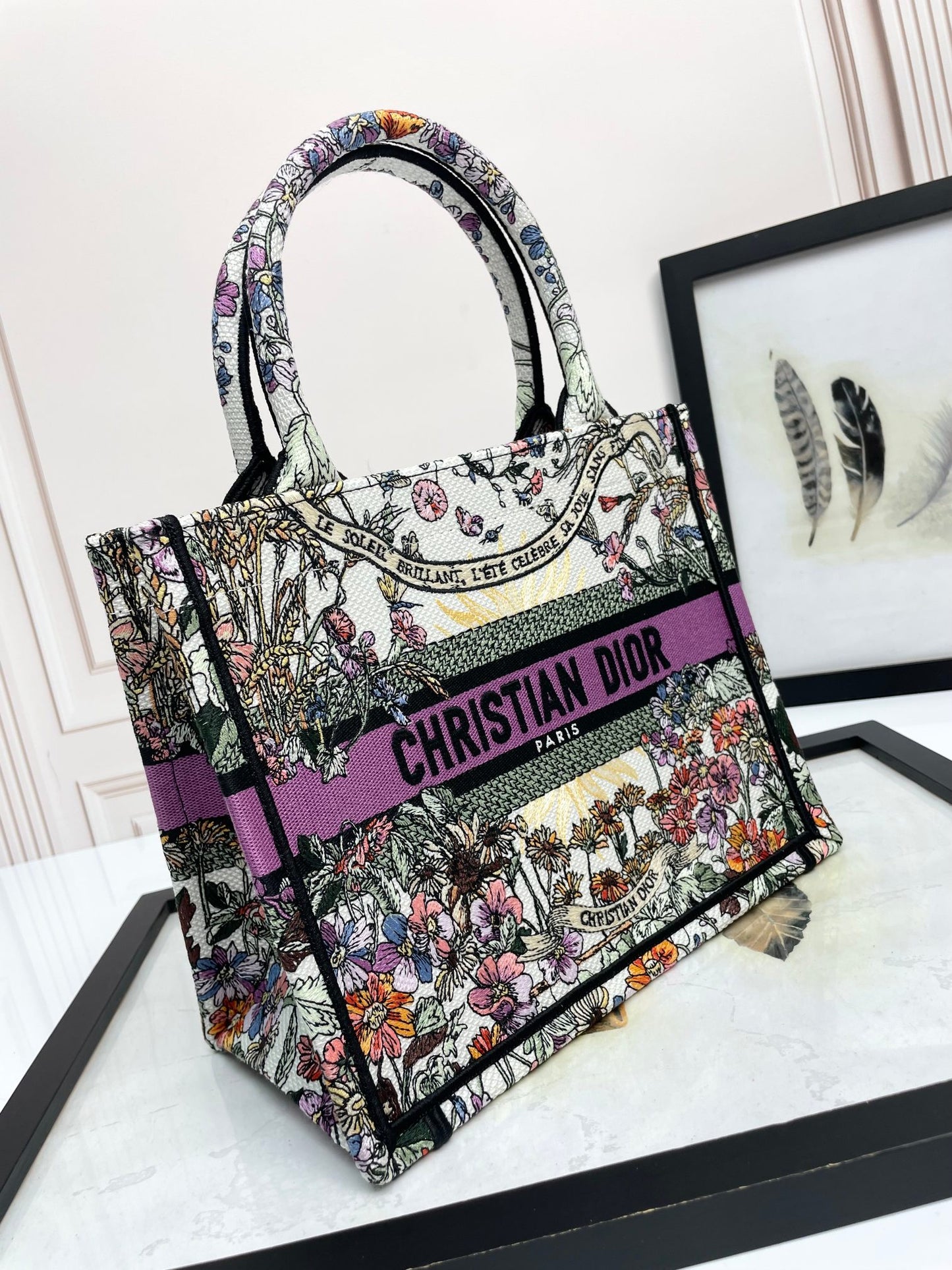 Christian Dior Embroidered Book Tote Bag - Floral Pattern with Purple Accents
