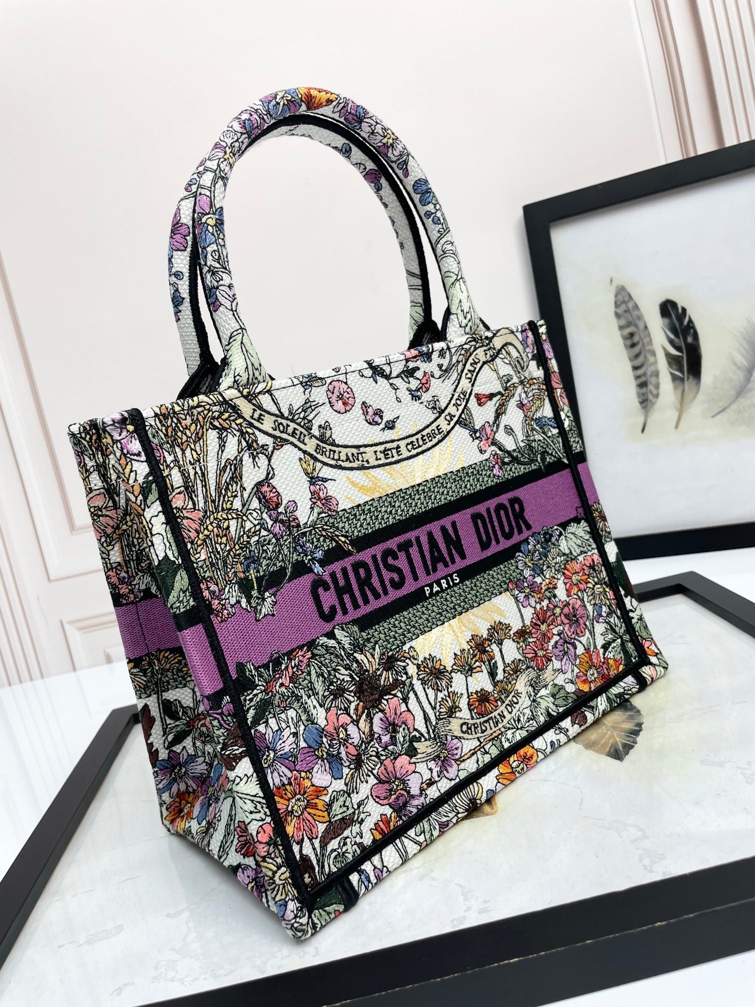 Christian Dior Embroidered Book Tote Bag - Floral Pattern with Purple Accents