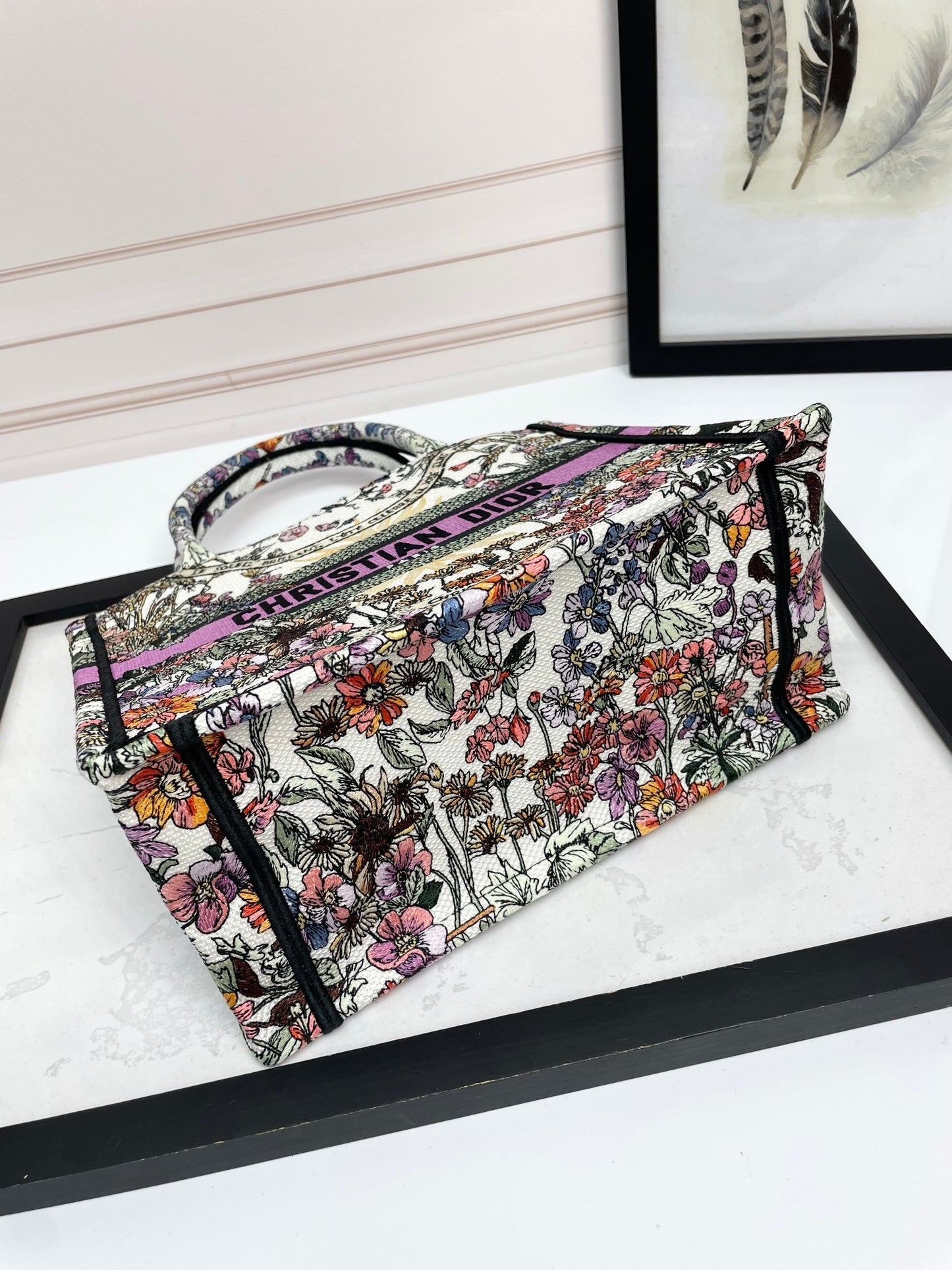 Christian Dior Embroidered Book Tote Bag - Floral Pattern with Purple Accents