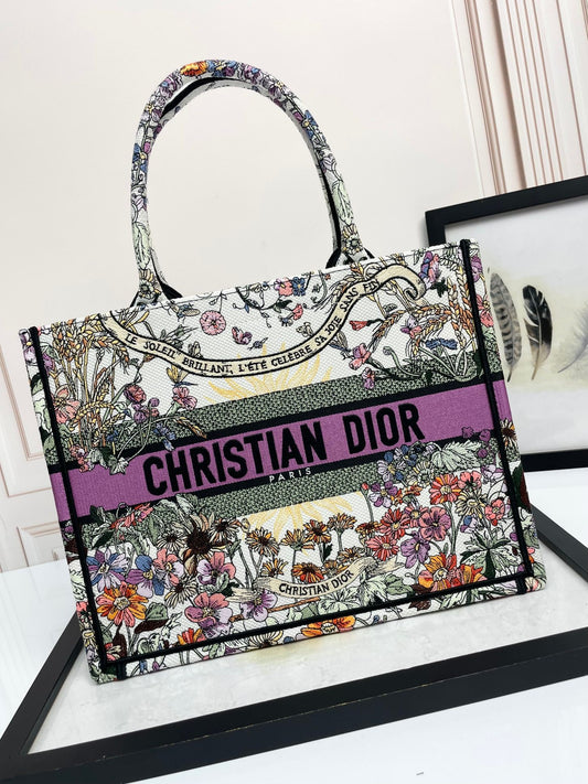 Christian Dior Large Book Tote Multicolour Dior Herbarium Embroidery with Purple Band