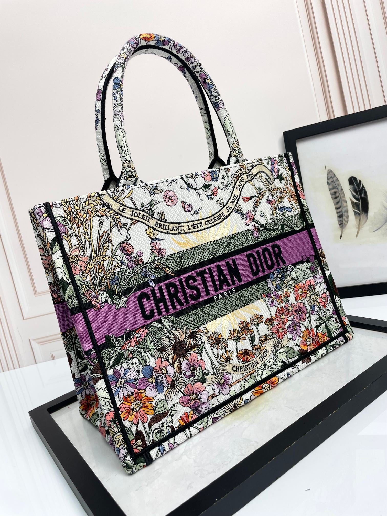 Christian Dior Large Book Tote Multicolour Dior Herbarium Embroidery with Purple Band