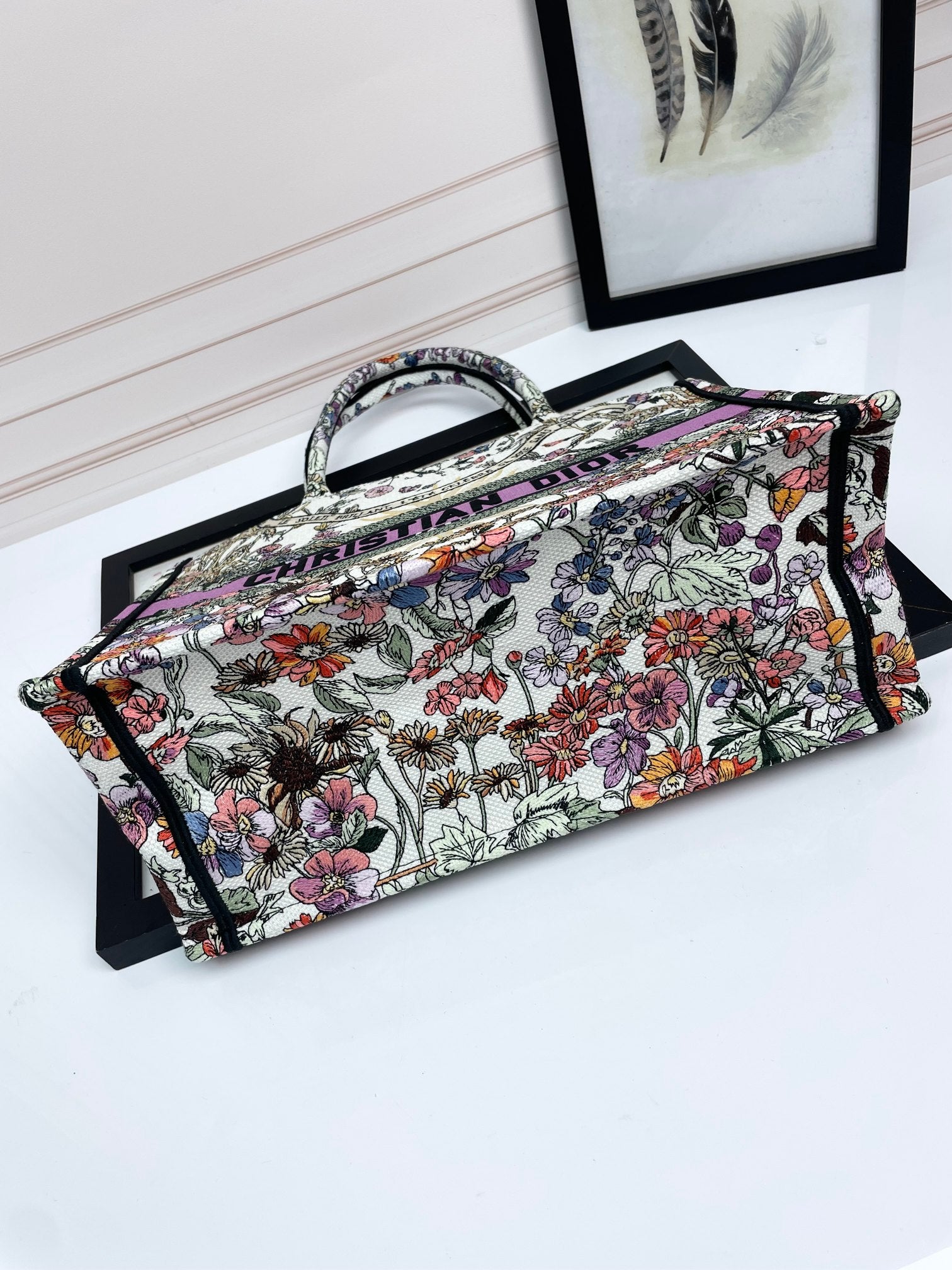 Christian Dior Large Book Tote Multicolour Dior Herbarium Embroidery with Purple Band