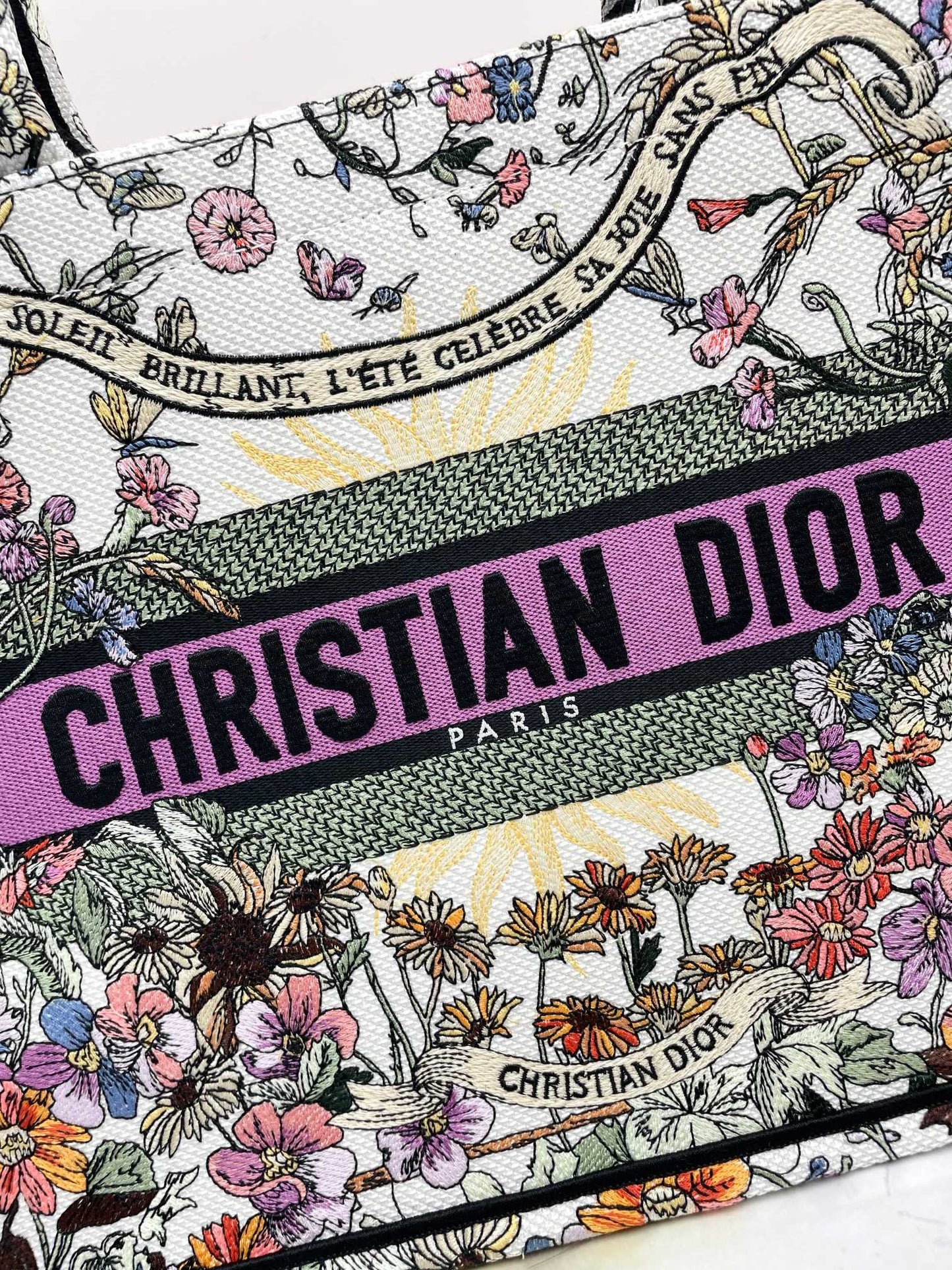 Christian Dior Large Book Tote Multicolour Dior Herbarium Embroidery with Purple Band
